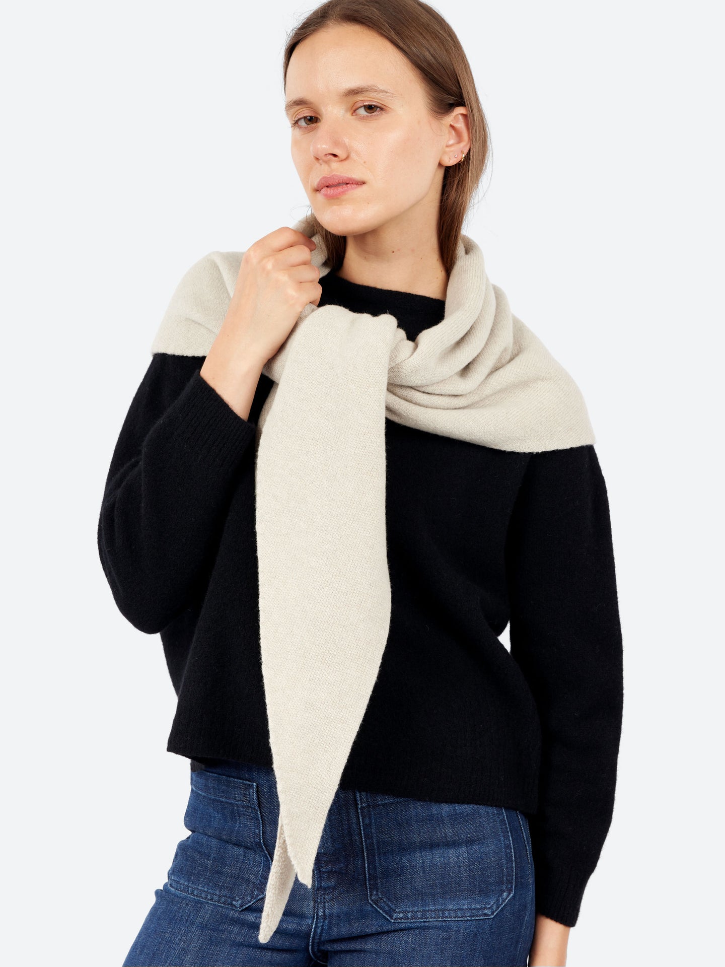 Pas De Calais Fine Wool Plle Knitting Triangular Scarf in Greige