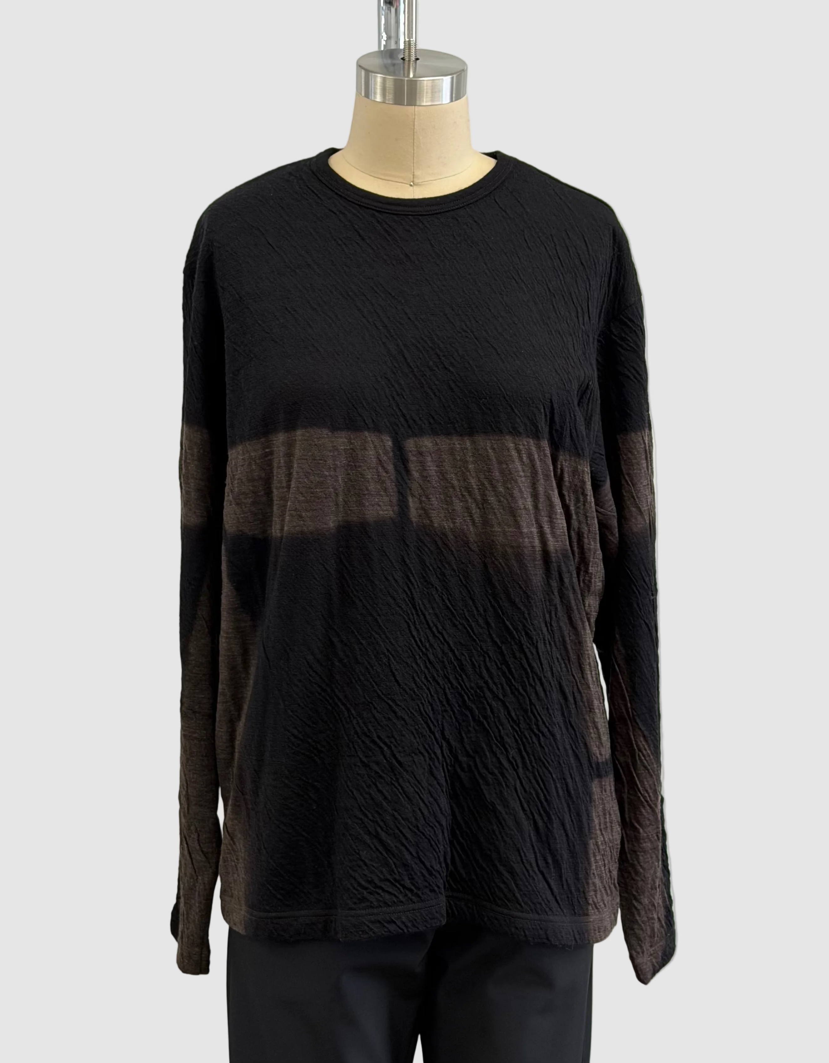 Suzusan Dual Layered Wool Cotton Jersey Long Sleeve Tee in Itajime Shibori Books in Black/Raw Umber