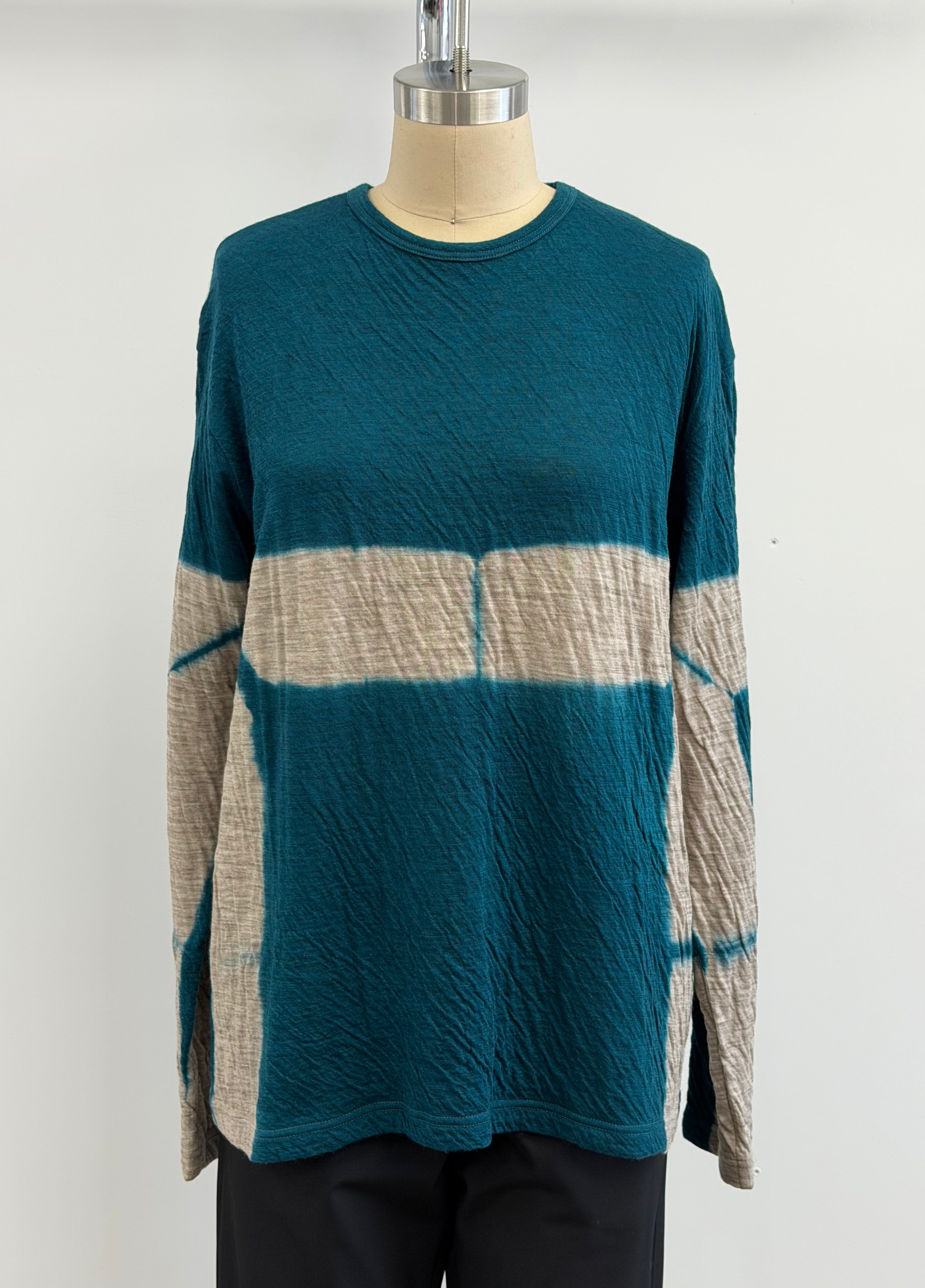 Suzusan Dual Layered Wool Cotton Jersey Long Sleeve Tee in Itajime Shibori Books in Teal/Sand