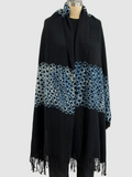 Suzusan Merino Wool Cashmere Hand Fringed Shawl Yatara Miura Shibori Border in Black/Ivory