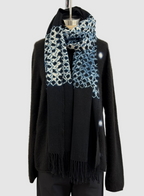 Suzusan Merino Wool Cashmere Hand Fringed Shawl Yatara Miura Shibori Border in Black/Ivory