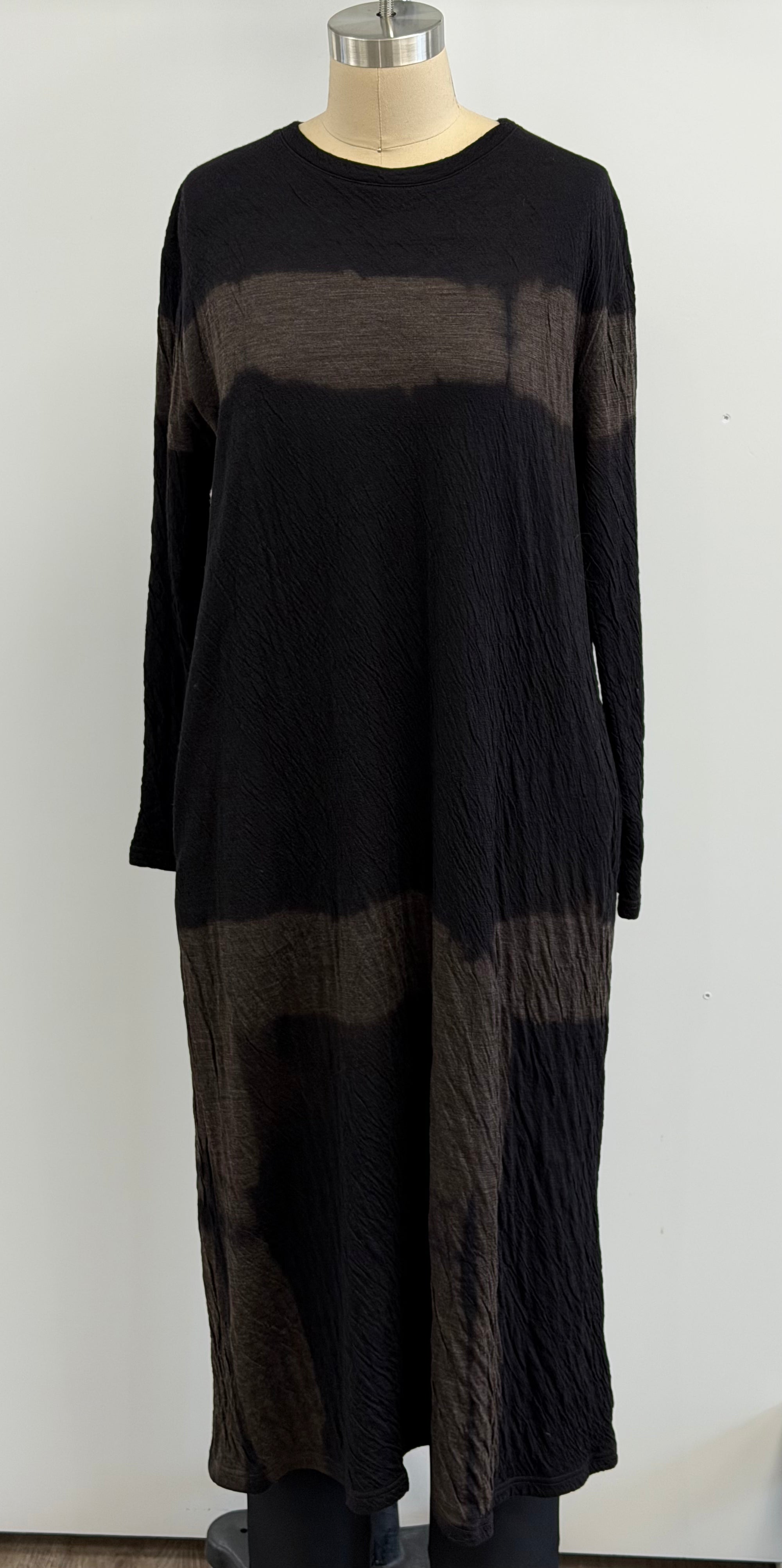 Suzusan Dual Layered Wool Cotton Jersey Long Sleeve Dress Itajime Shibori Books in Black/Raw Umber