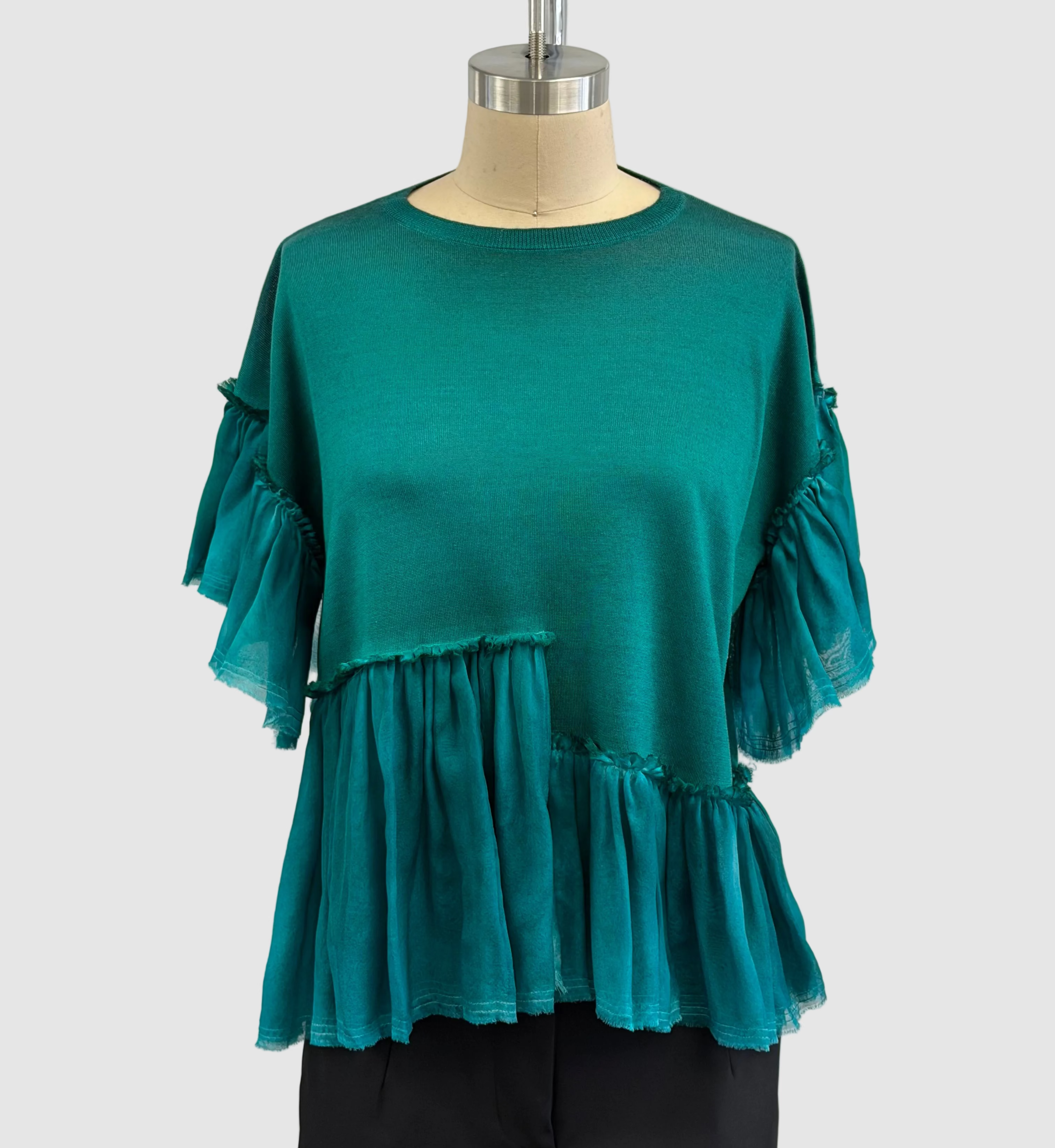 Avant Toi Hand-Painted Pure Silk Round Neck Pullover With Chiffon Flounces In N/Menta