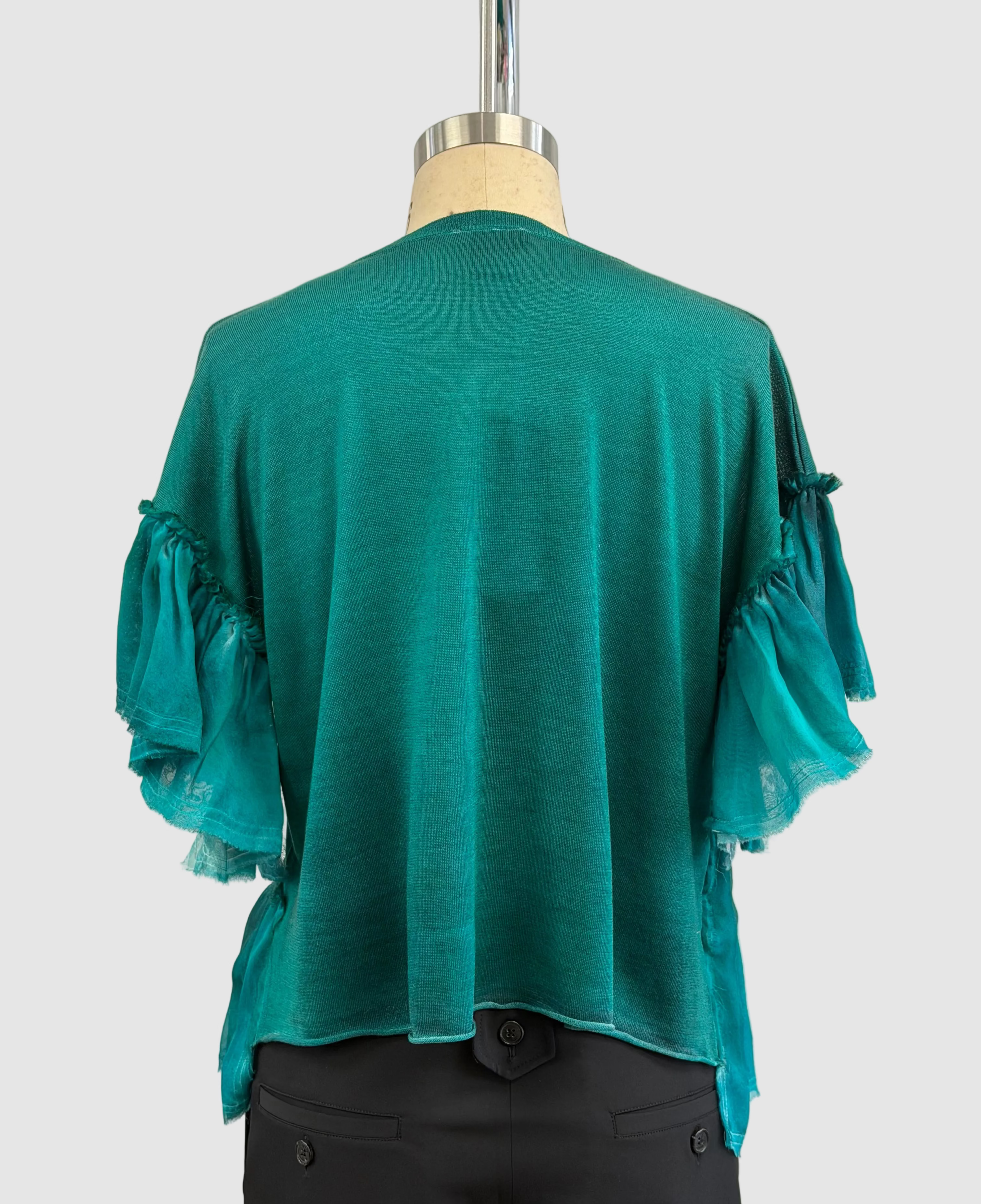 Avant Toi Hand-Painted Pure Silk Round Neck Pullover With Chiffon Flounces In N/Menta