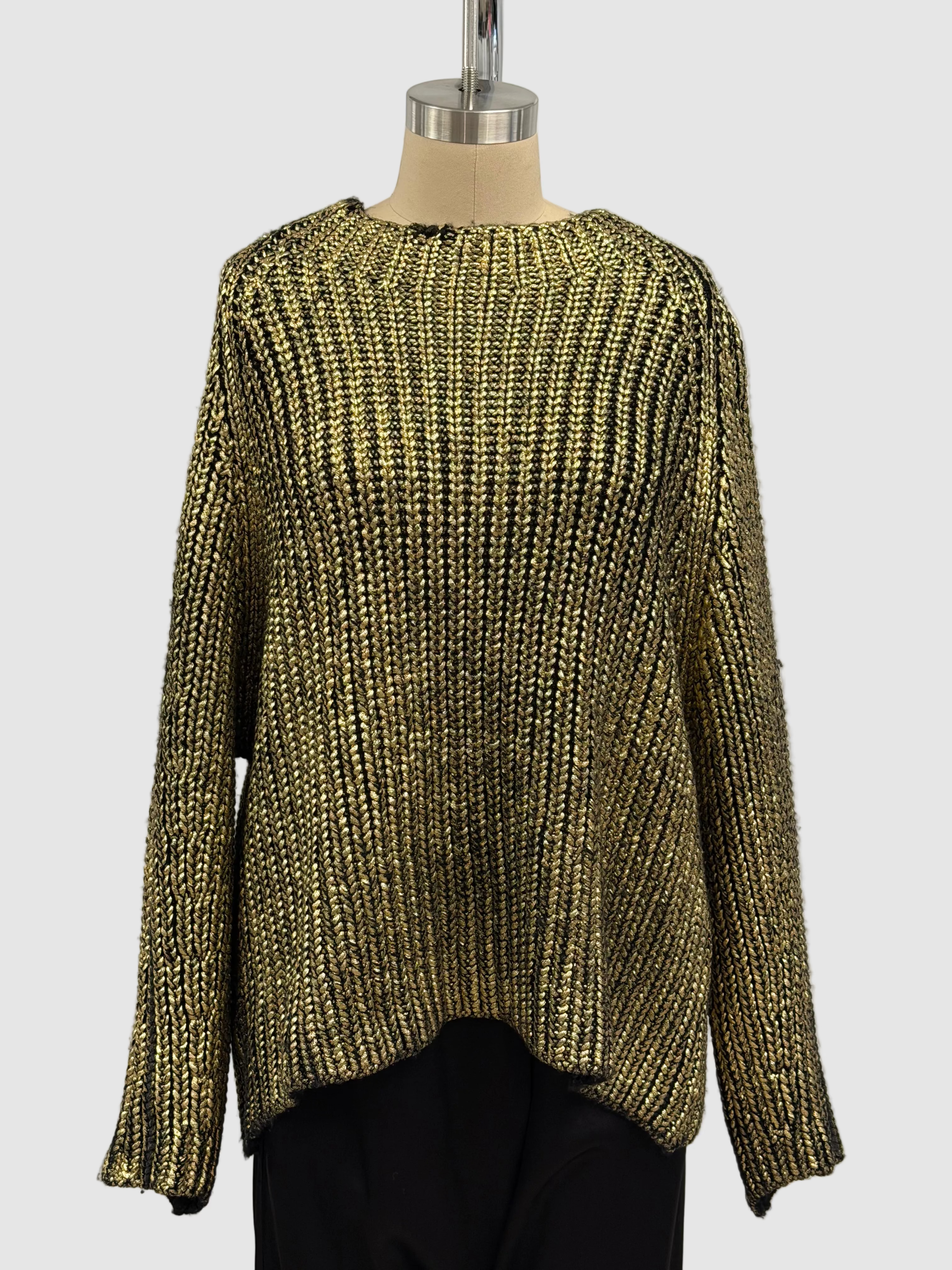 Avant Toi Extrafine Merino Wool Cable Laminated Sweater in Nero Gold