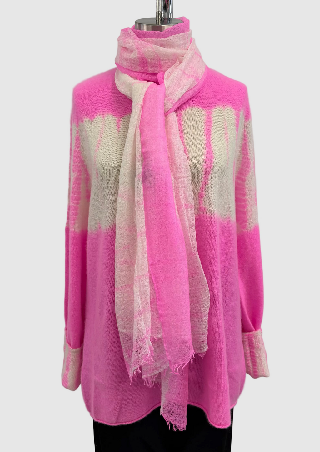 Suzusan Hand-Woven Feather Weight Cashmere Shawl Pink White Tesuji Yoroidan Shibori