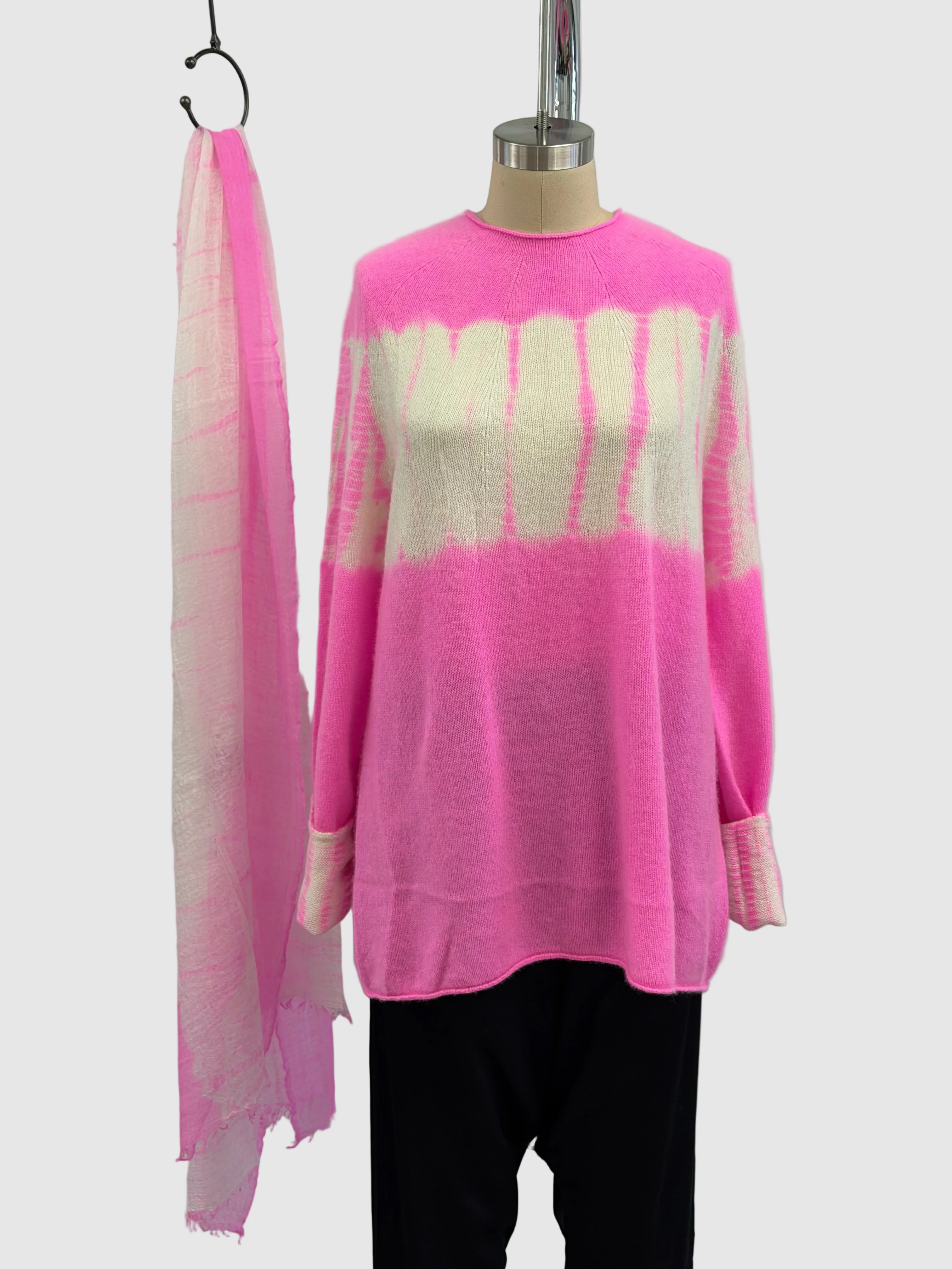 Suzusan Hand-Woven Feather Weight Cashmere Shawl Pink White Tesuji Yoroidan Shibori
