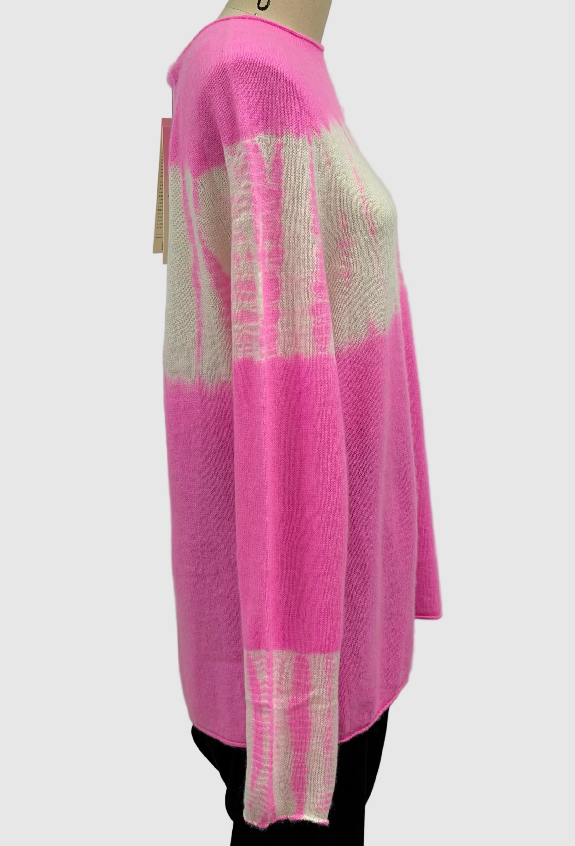 Suzusan Cashmere Long Seamless Pullover Pink White Tesuji Yoroidan Shibori