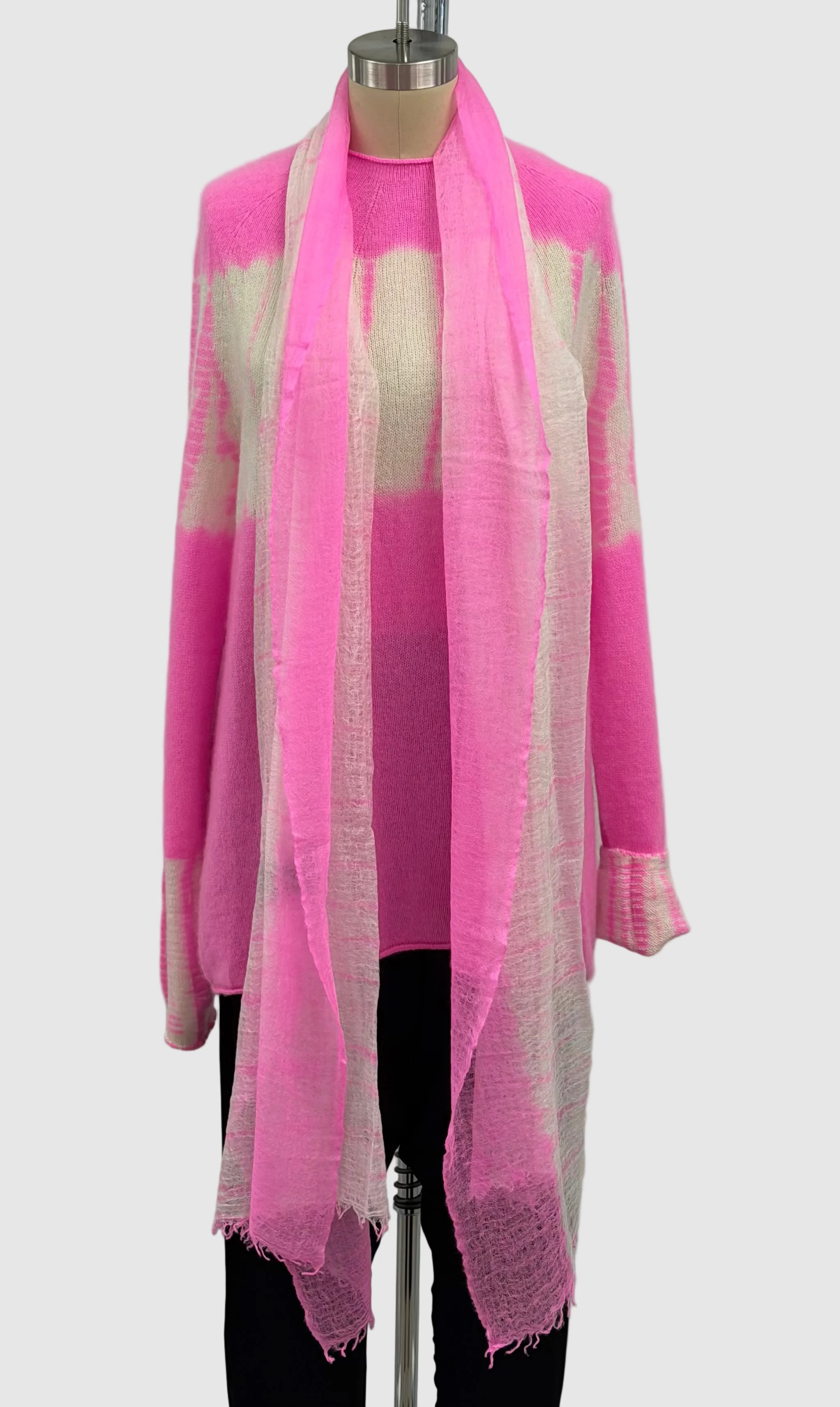 Suzusan Cashmere Long Seamless Pullover Pink White Tesuji Yoroidan Shibori