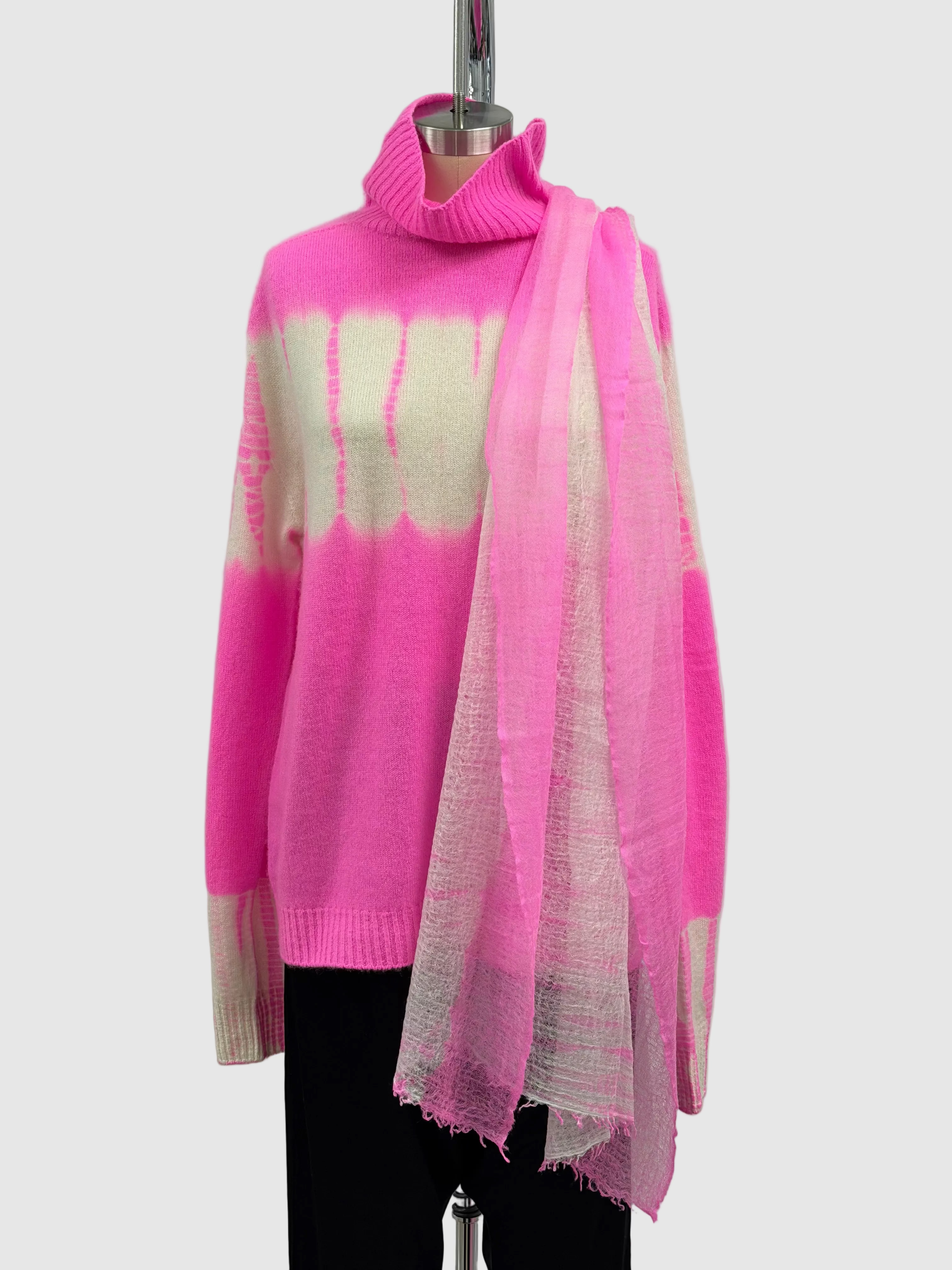 Suzusan Hand-Woven Feather Weight Cashmere Shawl Pink White Tesuji Yoroidan Shibori