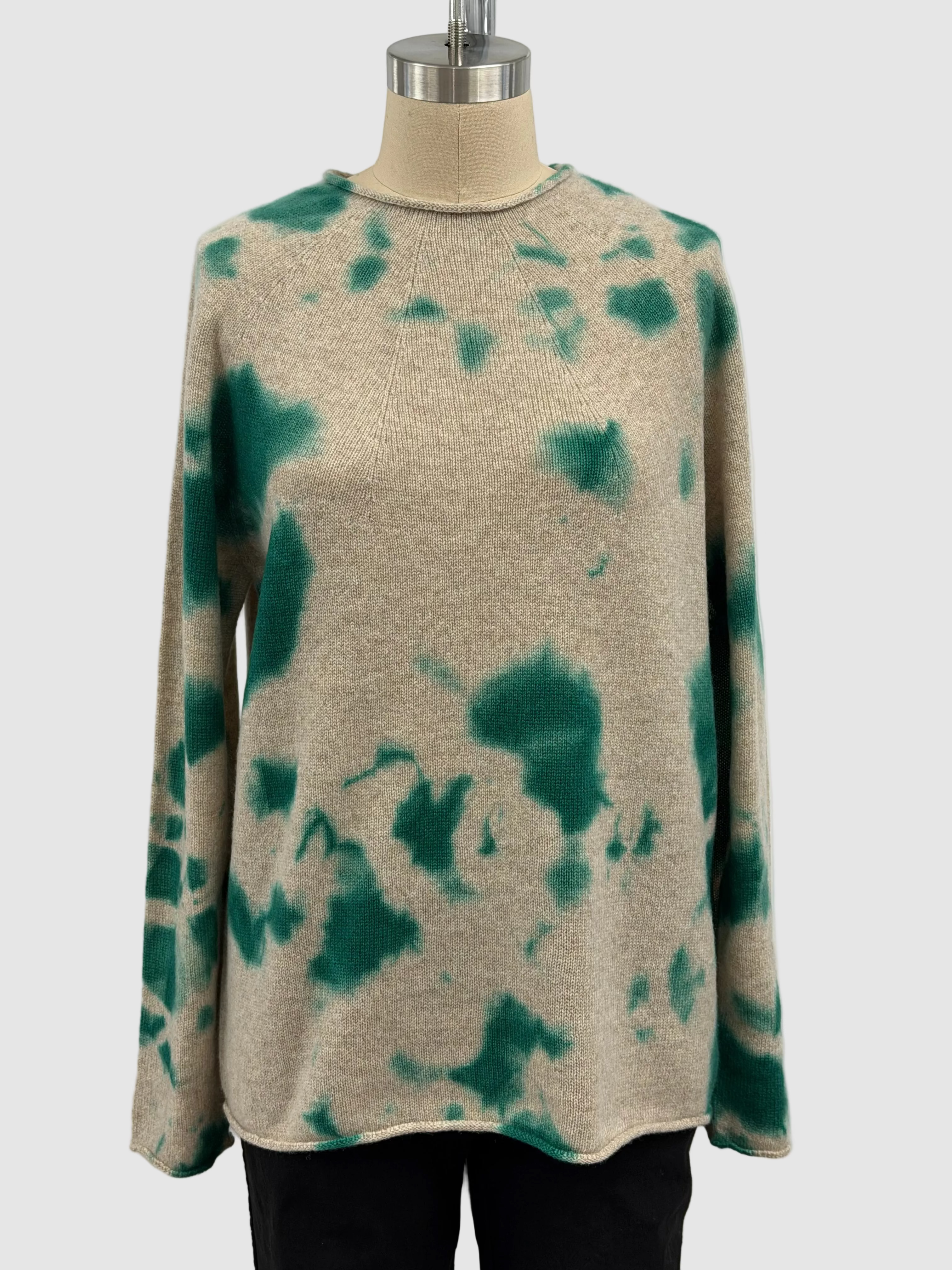 Suzusan Cashmere Long Seamless Pullover Green Sand Madara Shibori