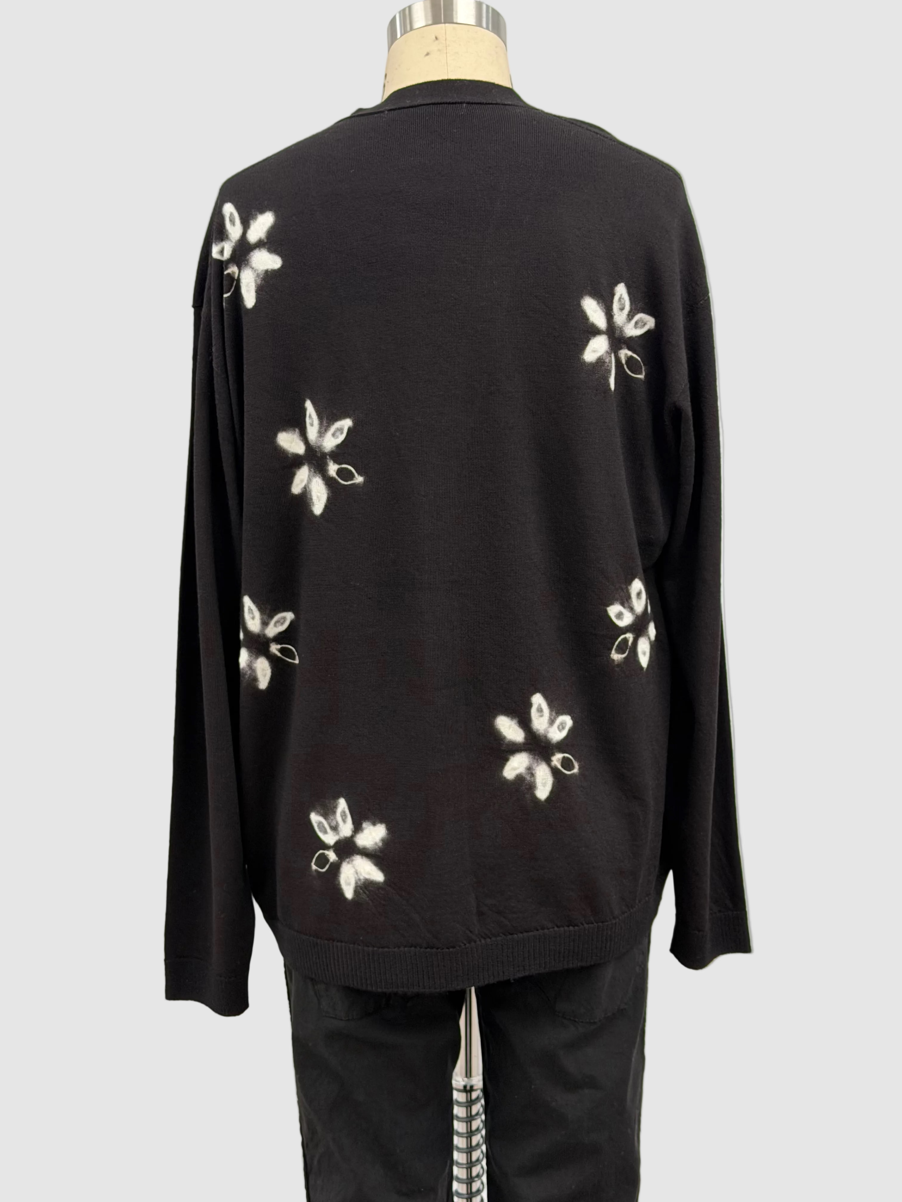 Suzusan Washable Merino Wool Cardigan Kochou Shibori Black & Natural White