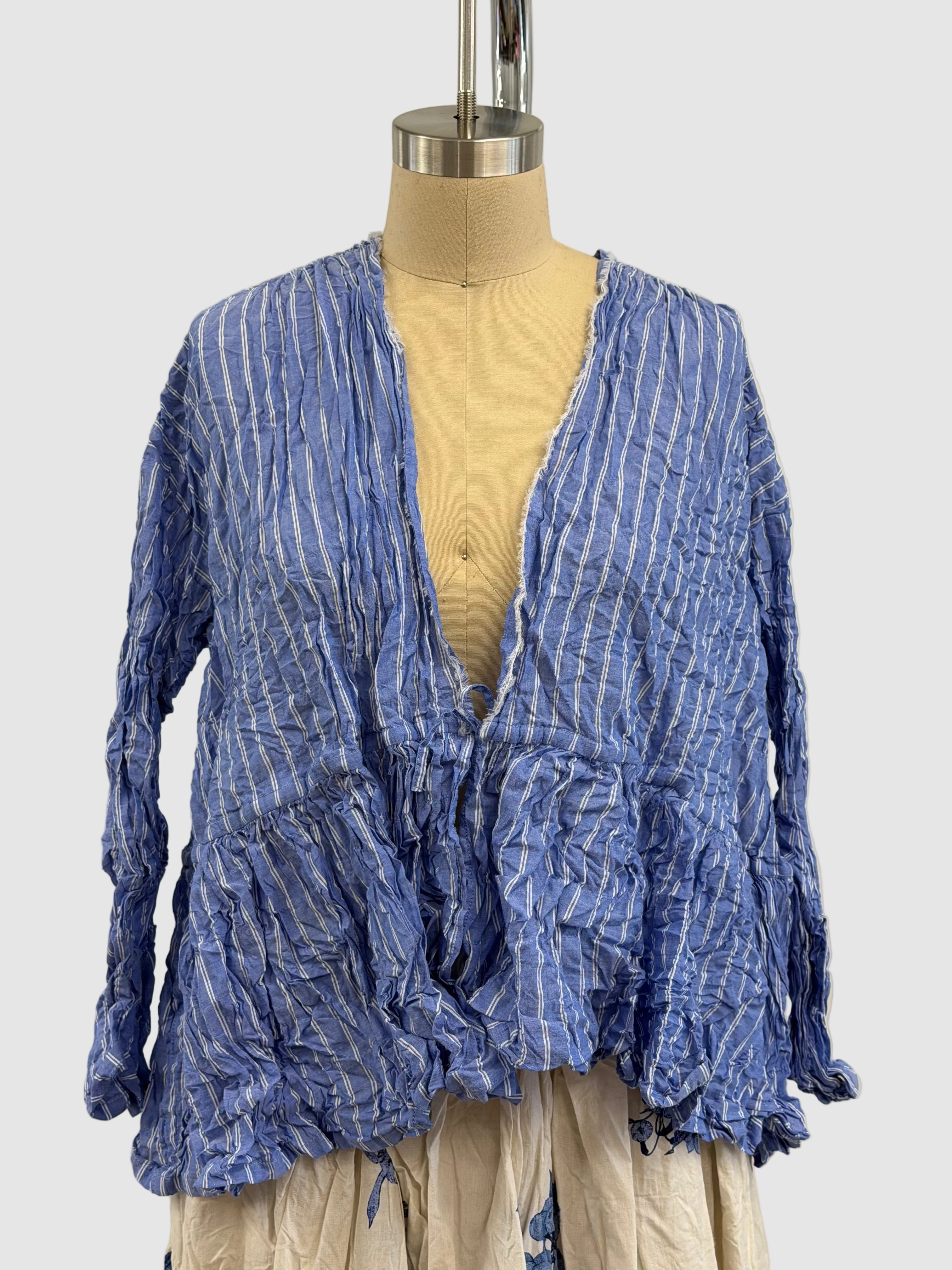 Pas De Calais Blue Shirring Stripe Wrap Blouse In Saxe Blue