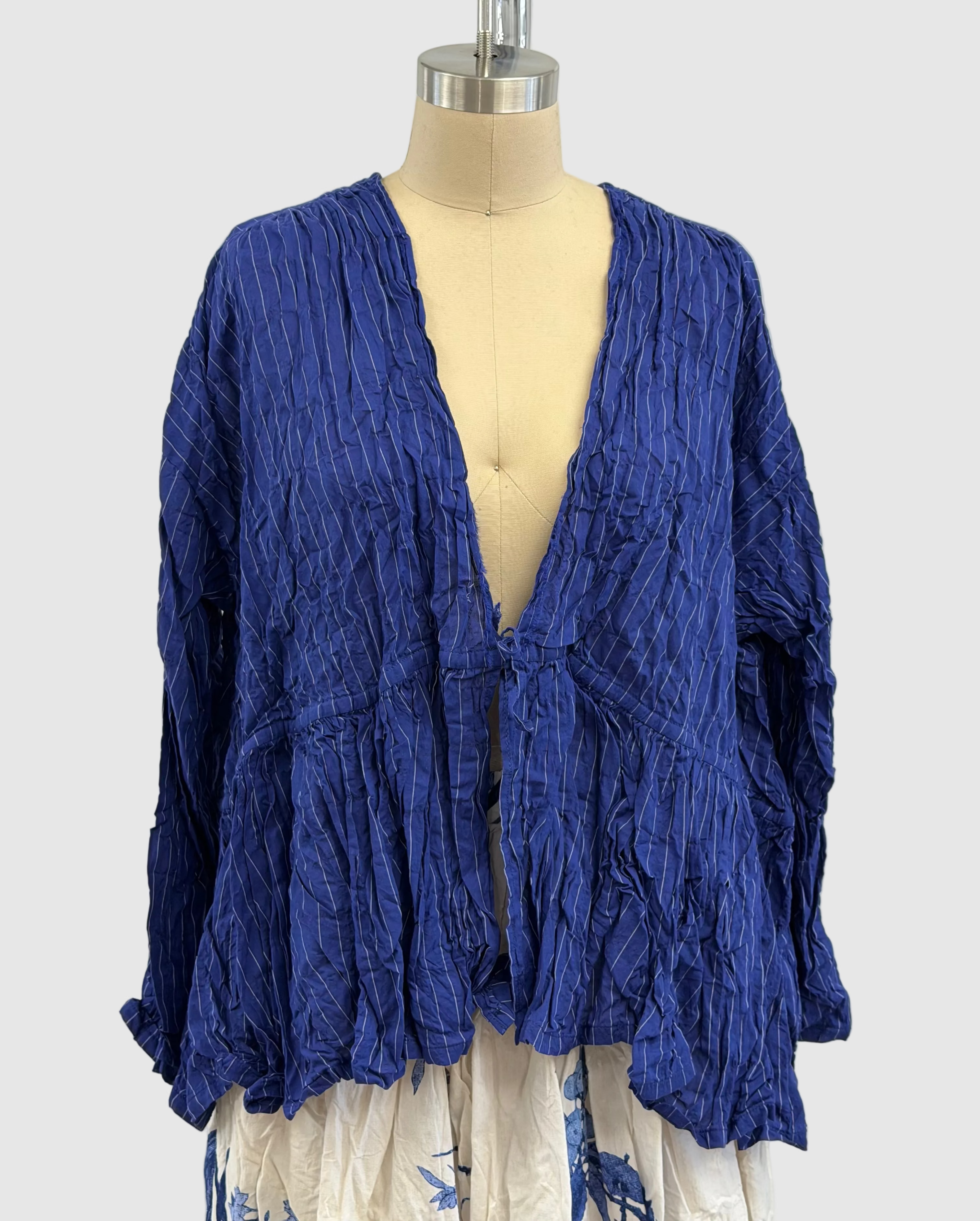 Pas De Calais Blue Shirring Stripe Wrap Blouse In Navy