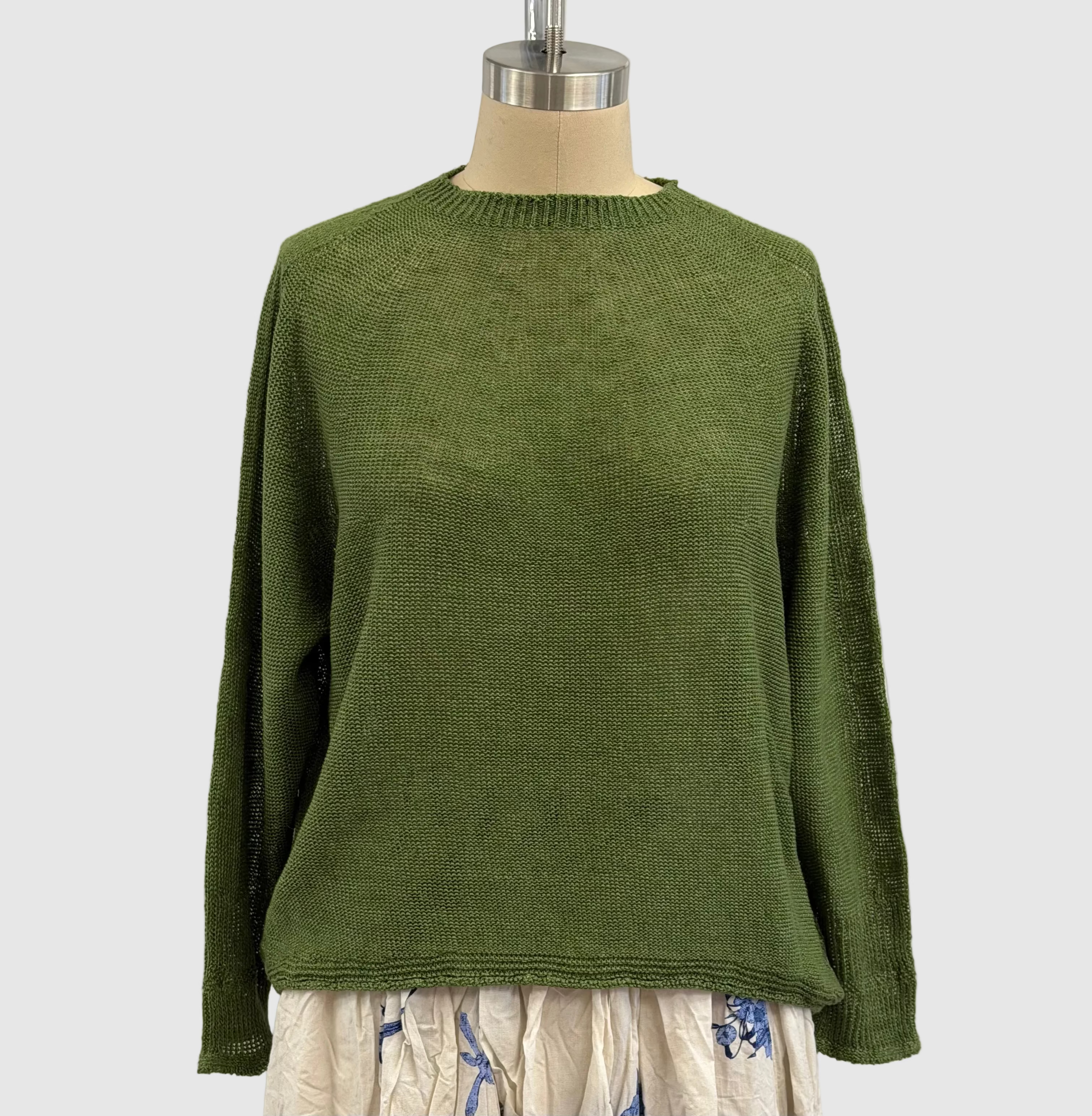 Pas De Calais Normandy Green Linen Crew Neck Pullover