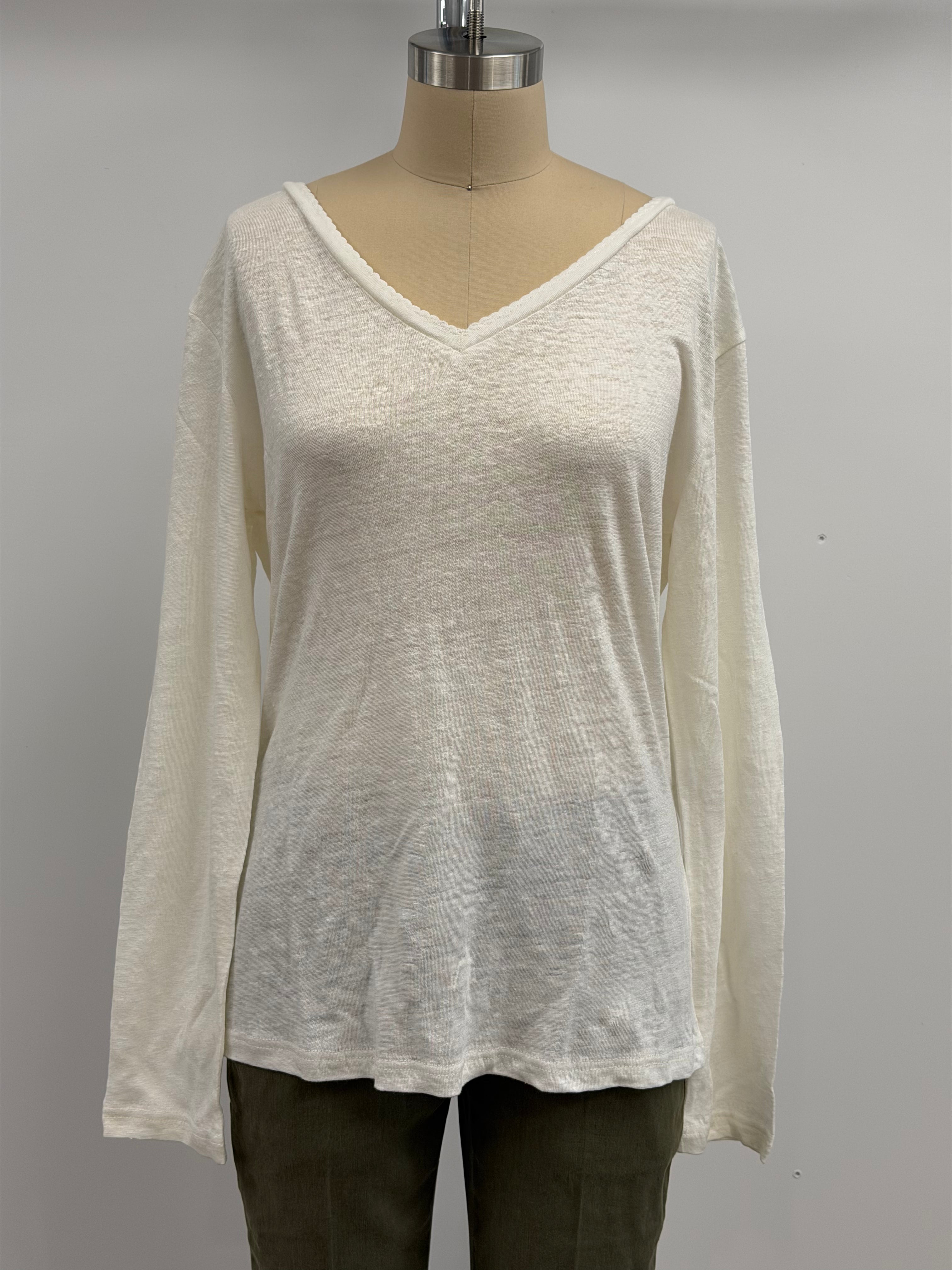Les Ours Noe Long Sleeve V-Neck Linen Shirt in Ecru