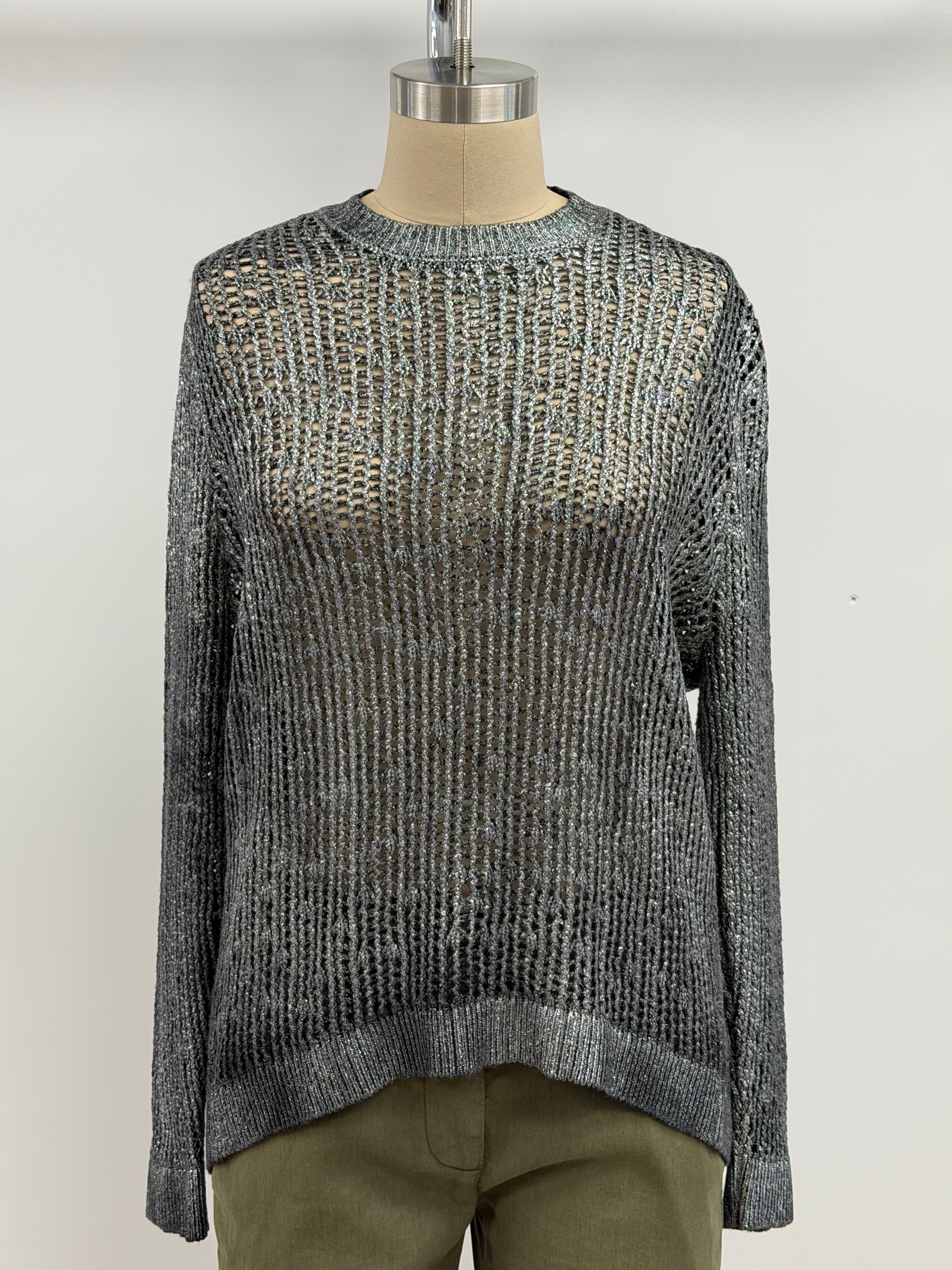 Avant Toi Laminated Round Neck Net Stitch Pullover in Nero Silver