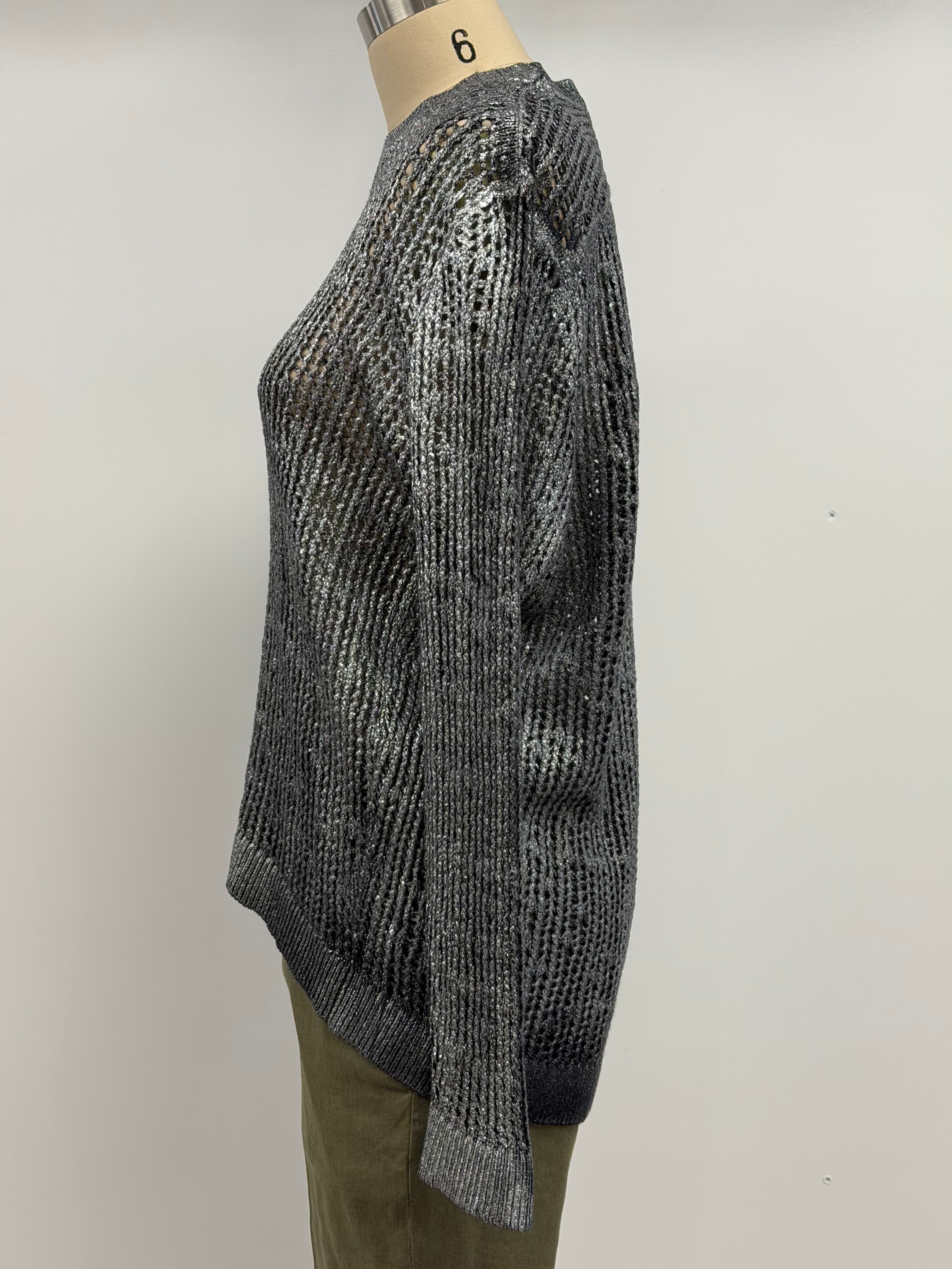 Avant Toi Laminated Round Neck Net Stitch Pullover in Nero Silver