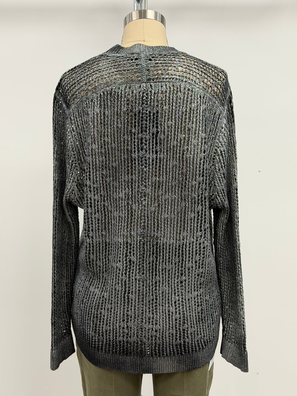 Avant Toi Laminated Round Neck Net Stitch Pullover in Nero Silver