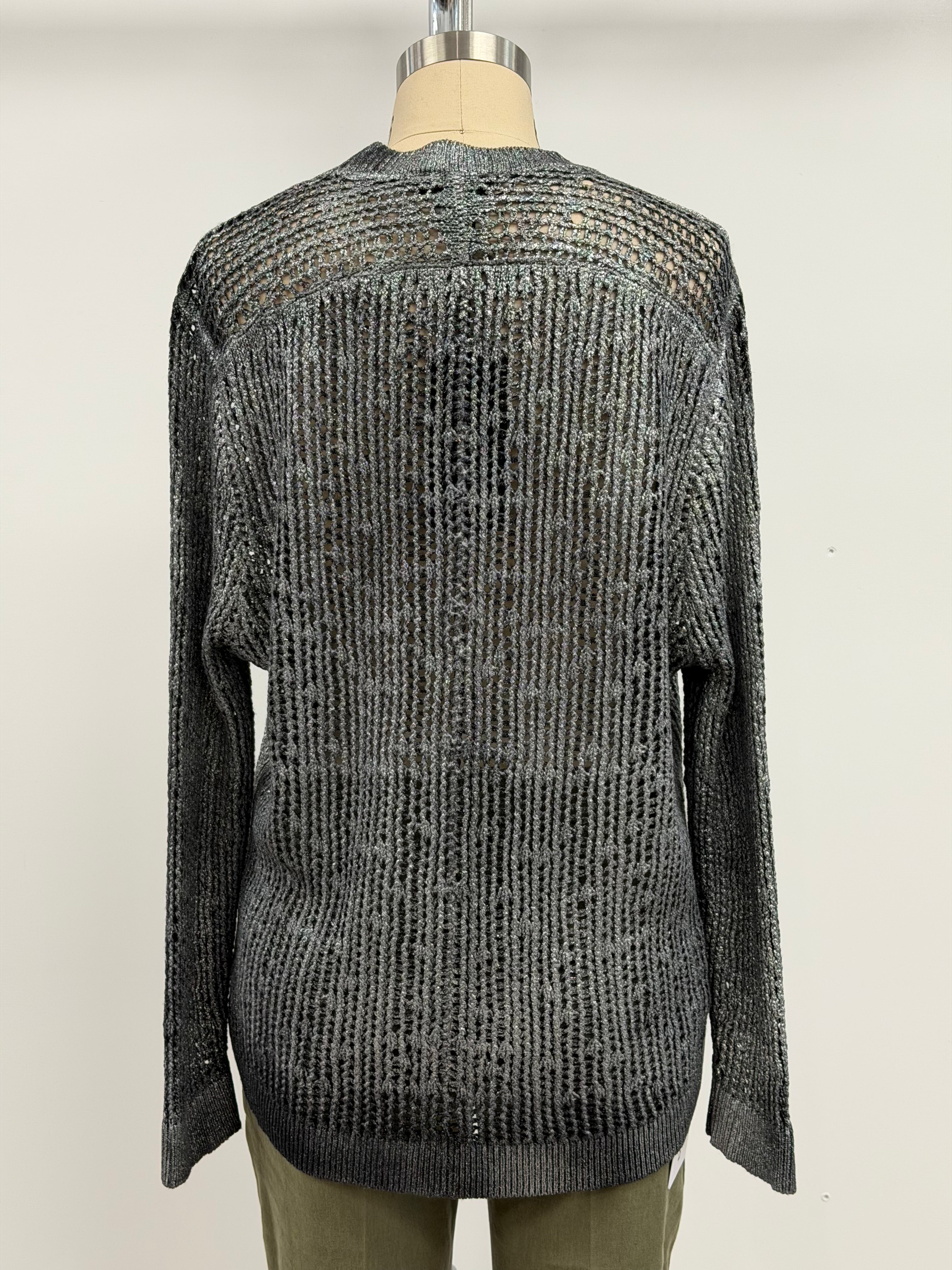 Avant Toi Laminated Round Neck Net Stitch Pullover in Nero Silver