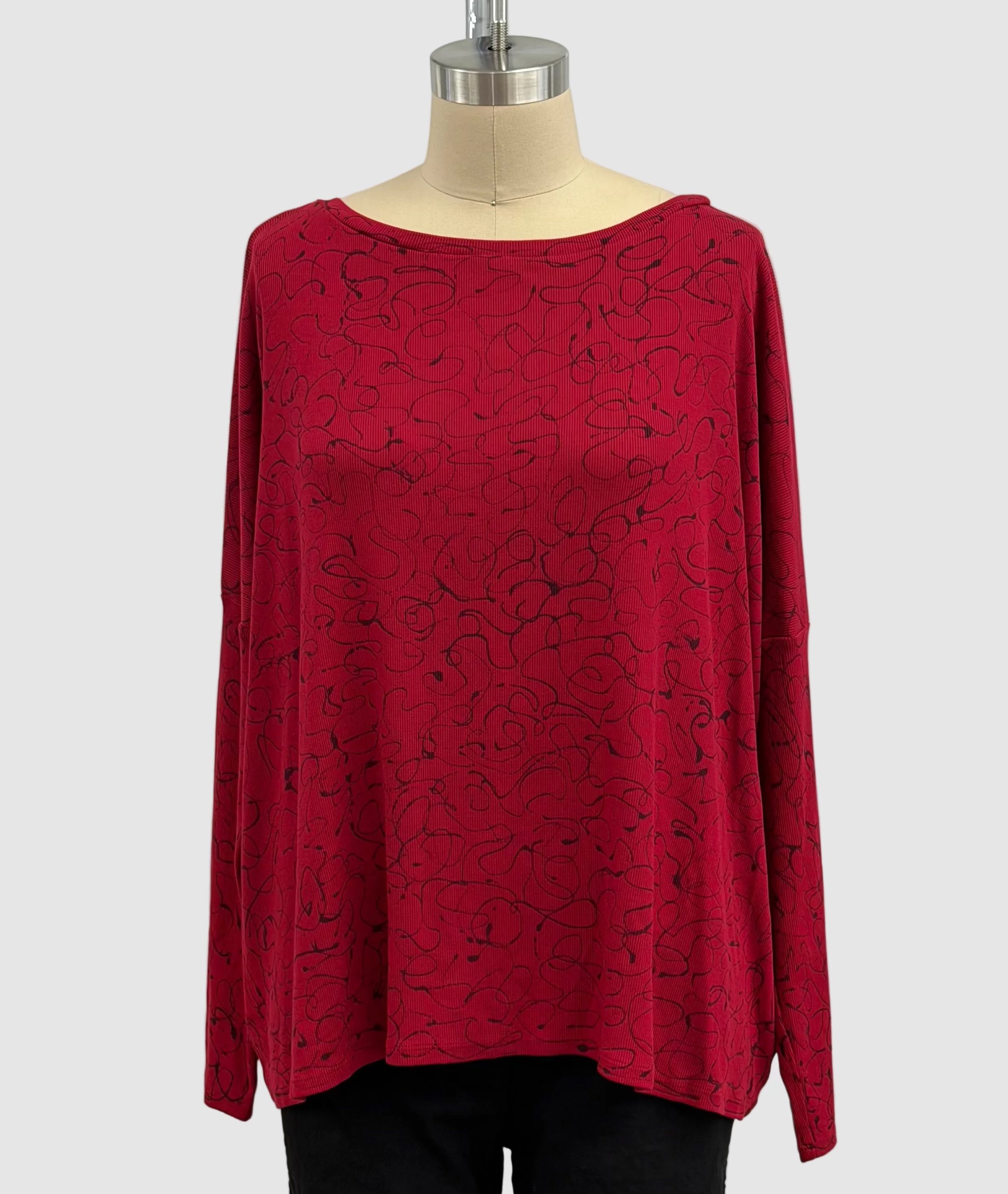 Annie Turbin Boxy Drop Shoulder Ribbed Long Sleeve Oversized Tee in Red/Black Swirl
