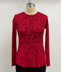 Annie Turbin Long Sleeve Crew Neck Ribbed Fitted Tee in Red/Black Swirl