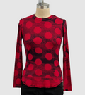 Annie Turbin Long Sleeve Crew Neck Ribbed Fitted Tee in Red/Black Polka Dot