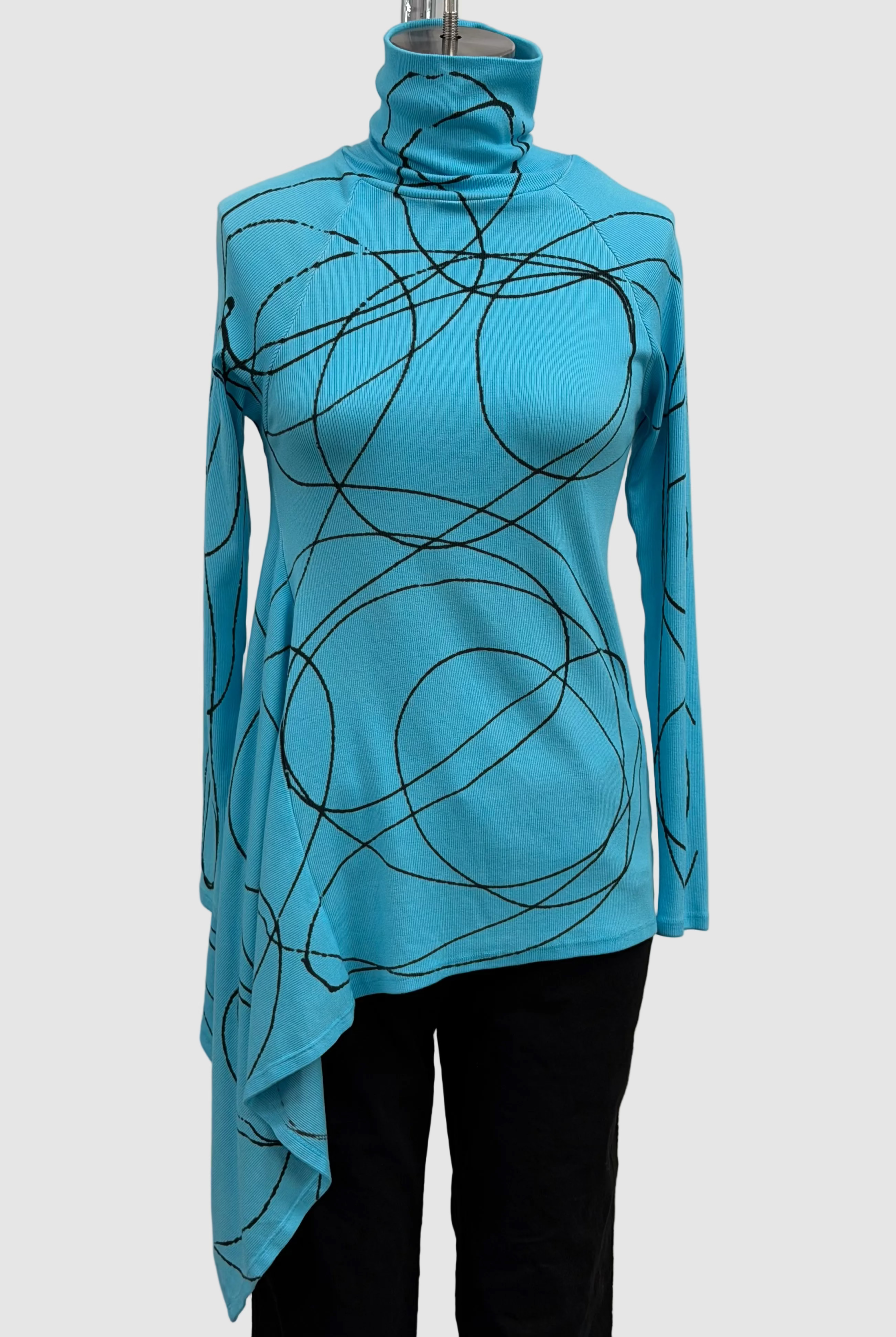 Annie Turbin Asymmetrical Ribbed Long Sleeve Turtleneck in Turquoise/Black Swirl