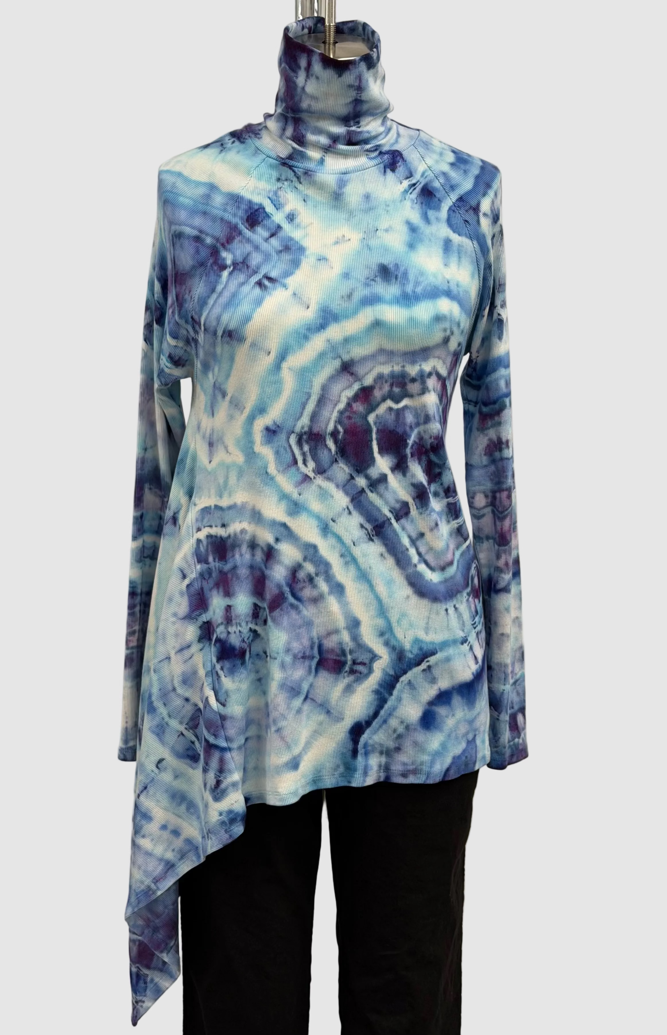 Annie Turbin Asymmetrical Ribbed Long Sleeve Turtleneck in Sky Blue/Purple Ice Tie Dye