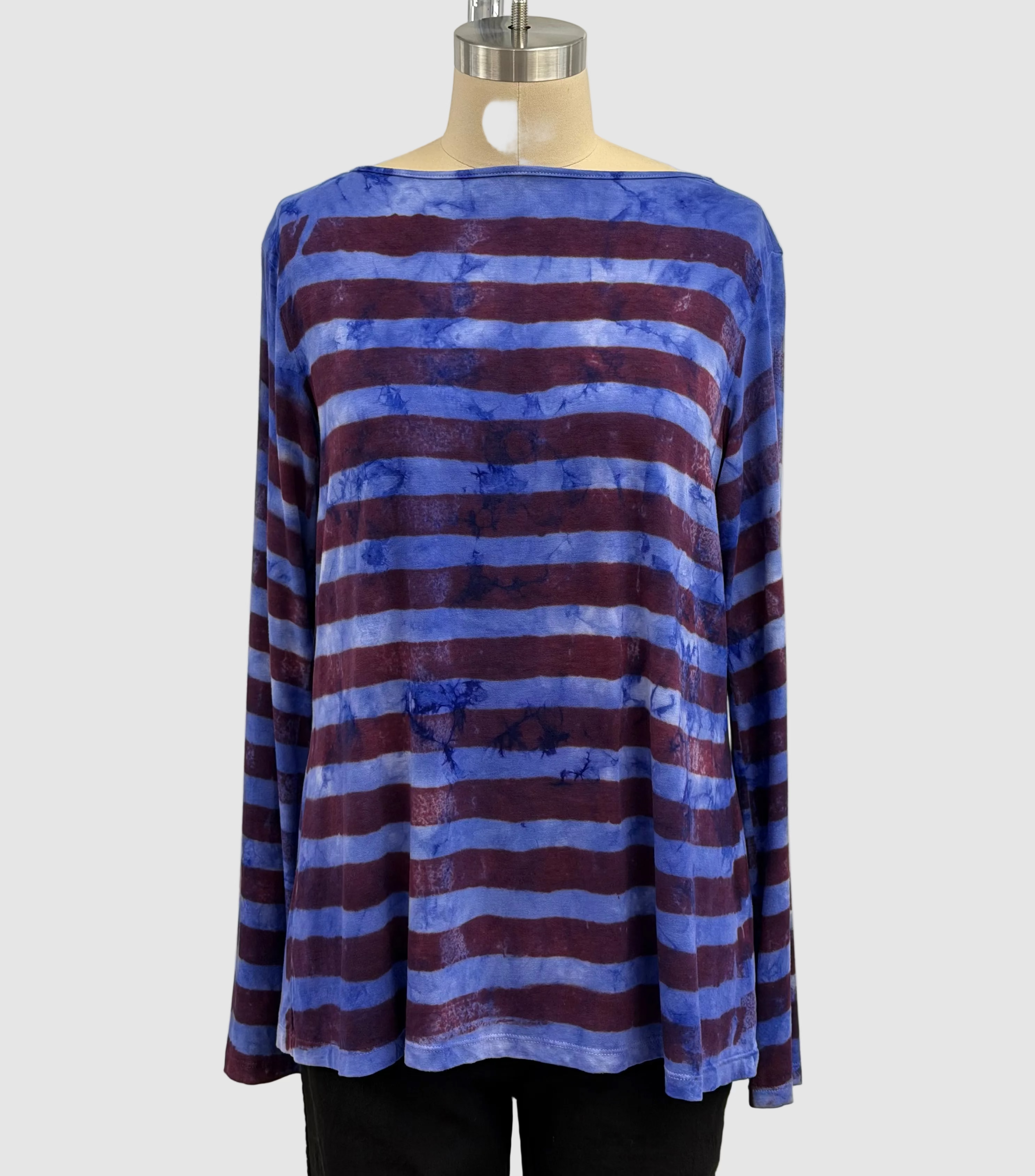 Annie Turbin Boat Neck Long Sleeve Tee in Violet/Burgundy Stripe