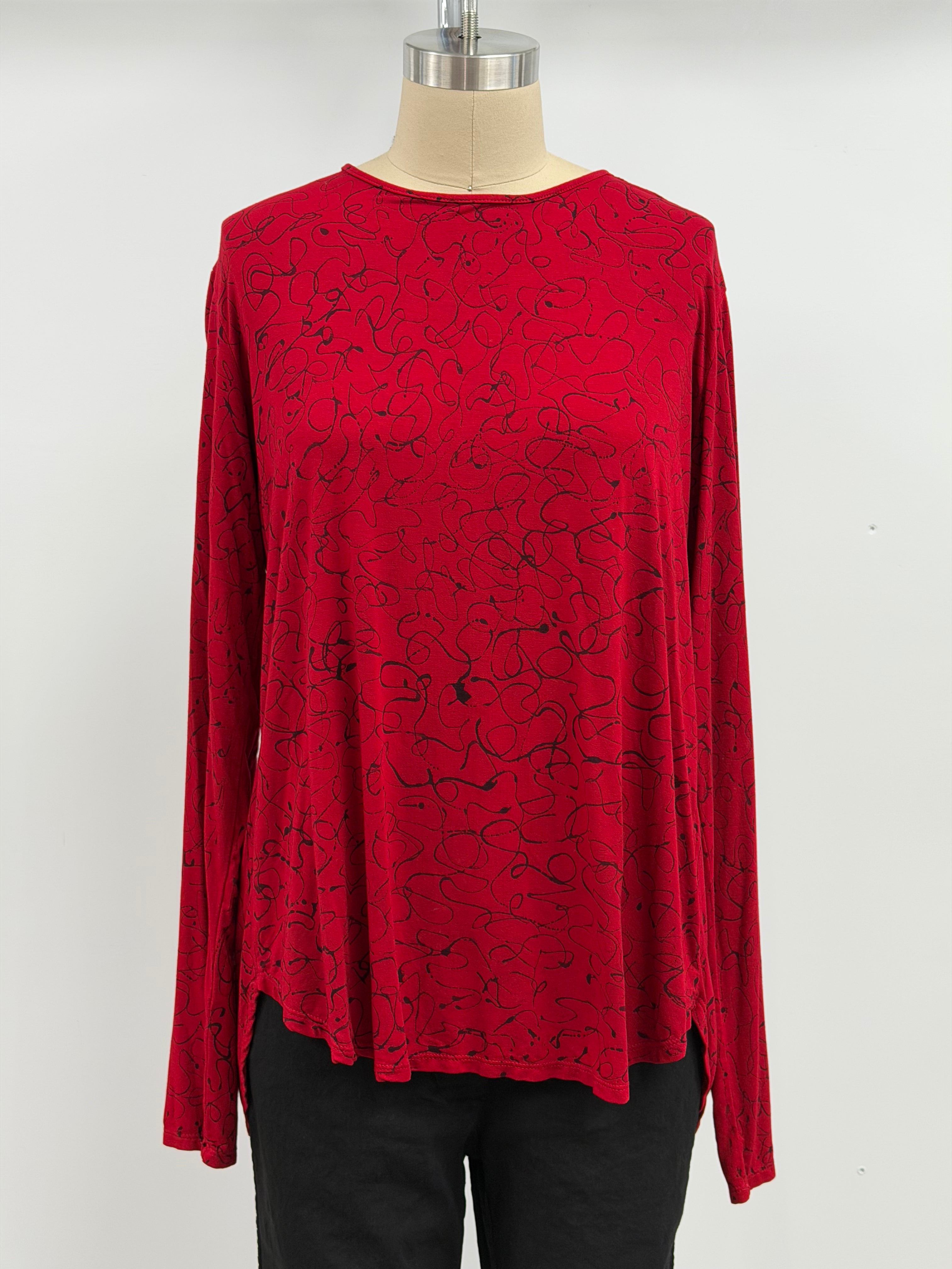 Annie Turbin High-Low Long Sleeve Top in Red with Black Swirls