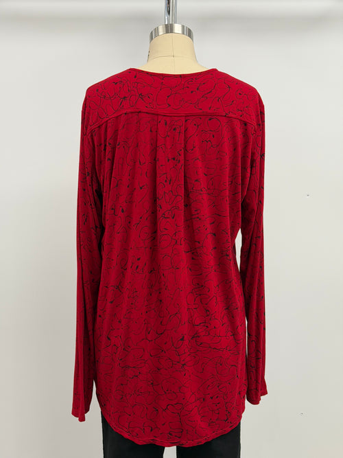 Annie Turbin High-Low Long Sleeve Top in Red with Black Swirls