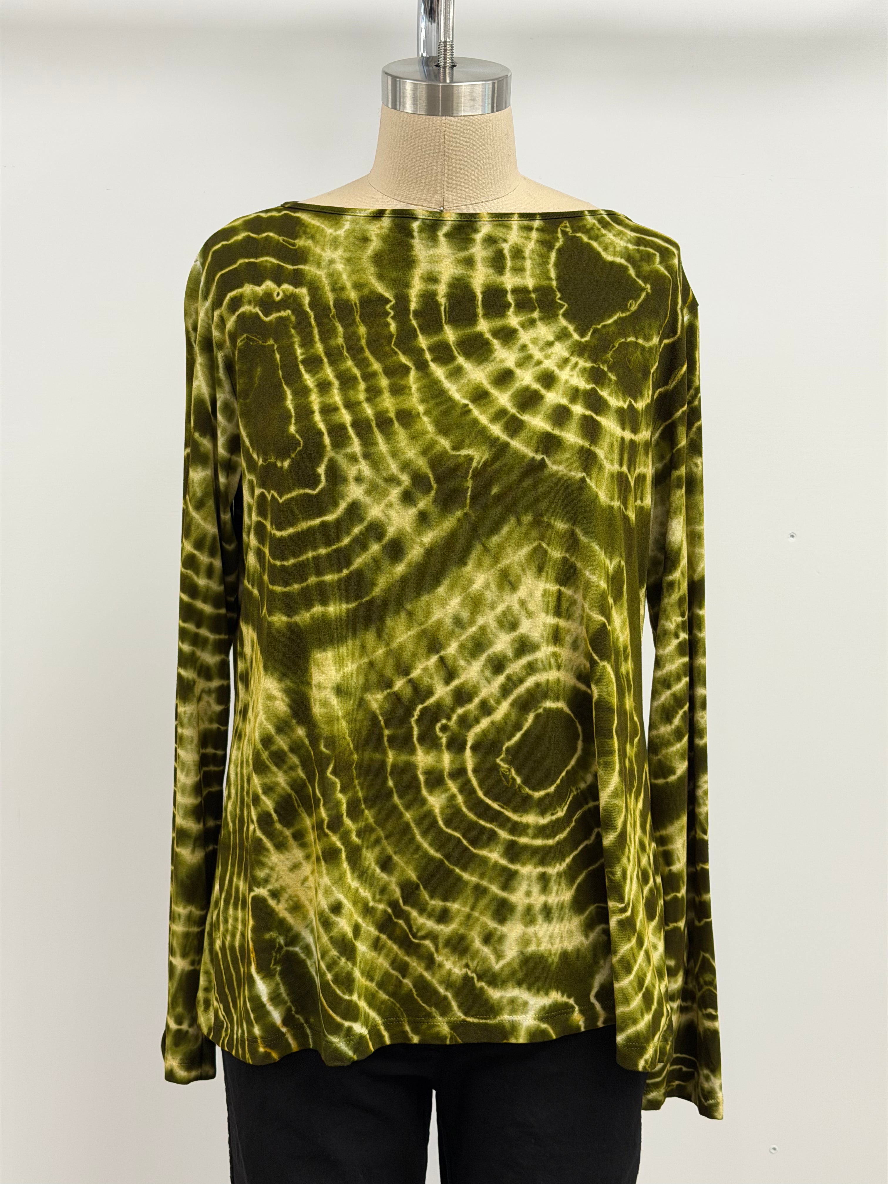 Annie Turbin Boat Neck Long Sleeve Tee in Super Green Tie Dye