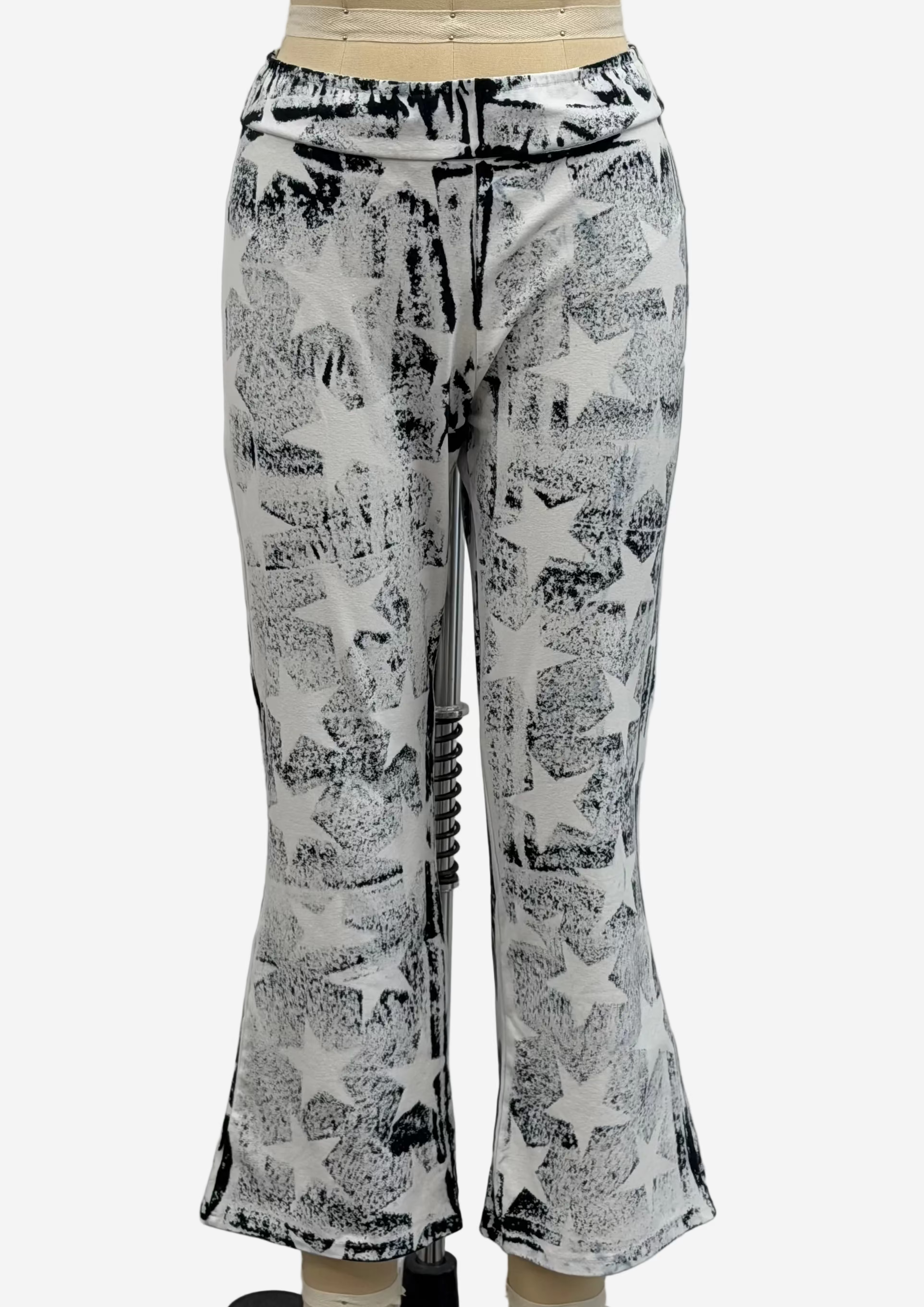 Annie Turbin Cropped Flare Pant in Black/White Hand-Printed Stars