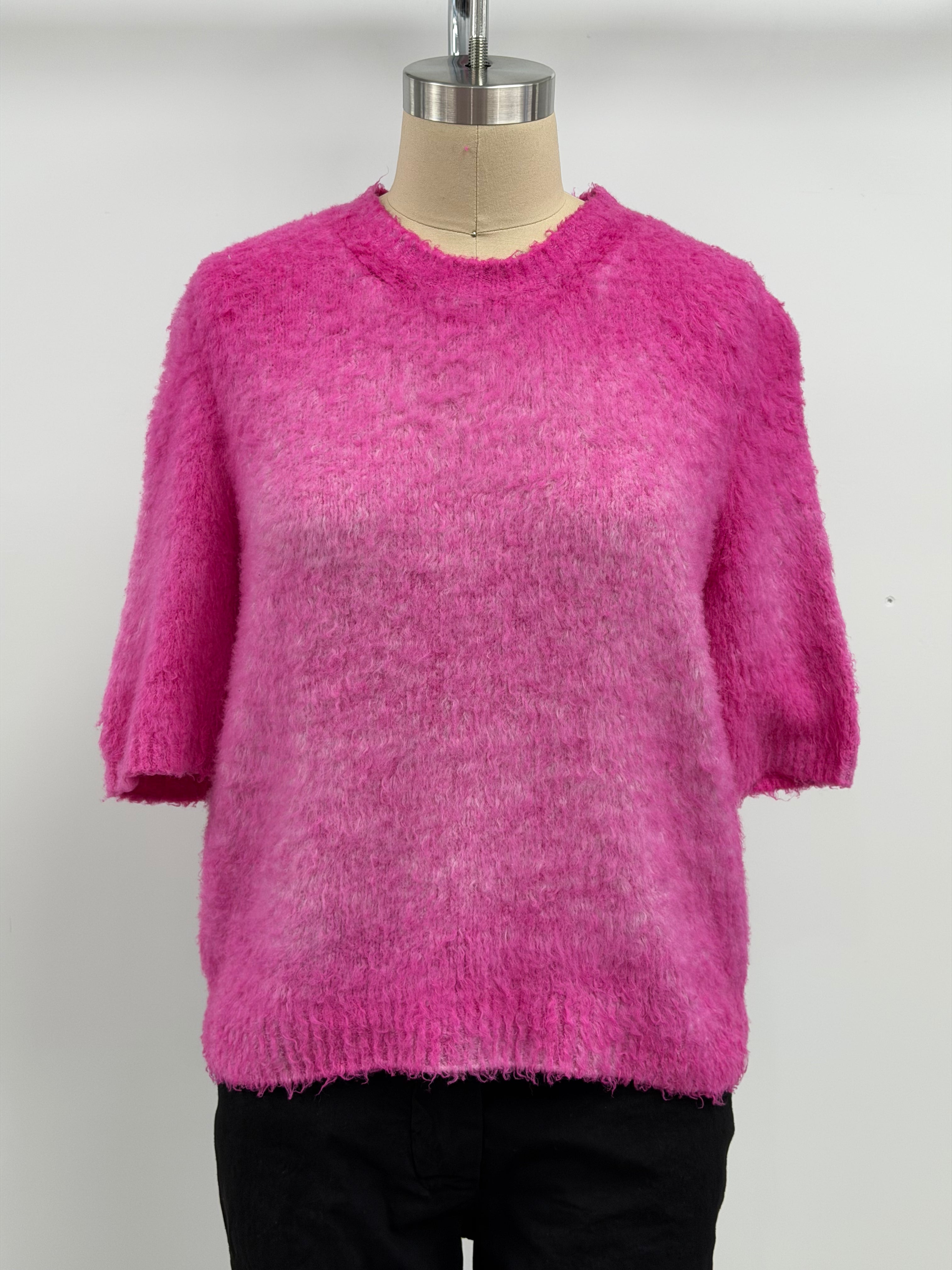 Avant Toi Hand-Painted Carded Cotton Blend Short Sleeve Pullover in Rosa Fluo