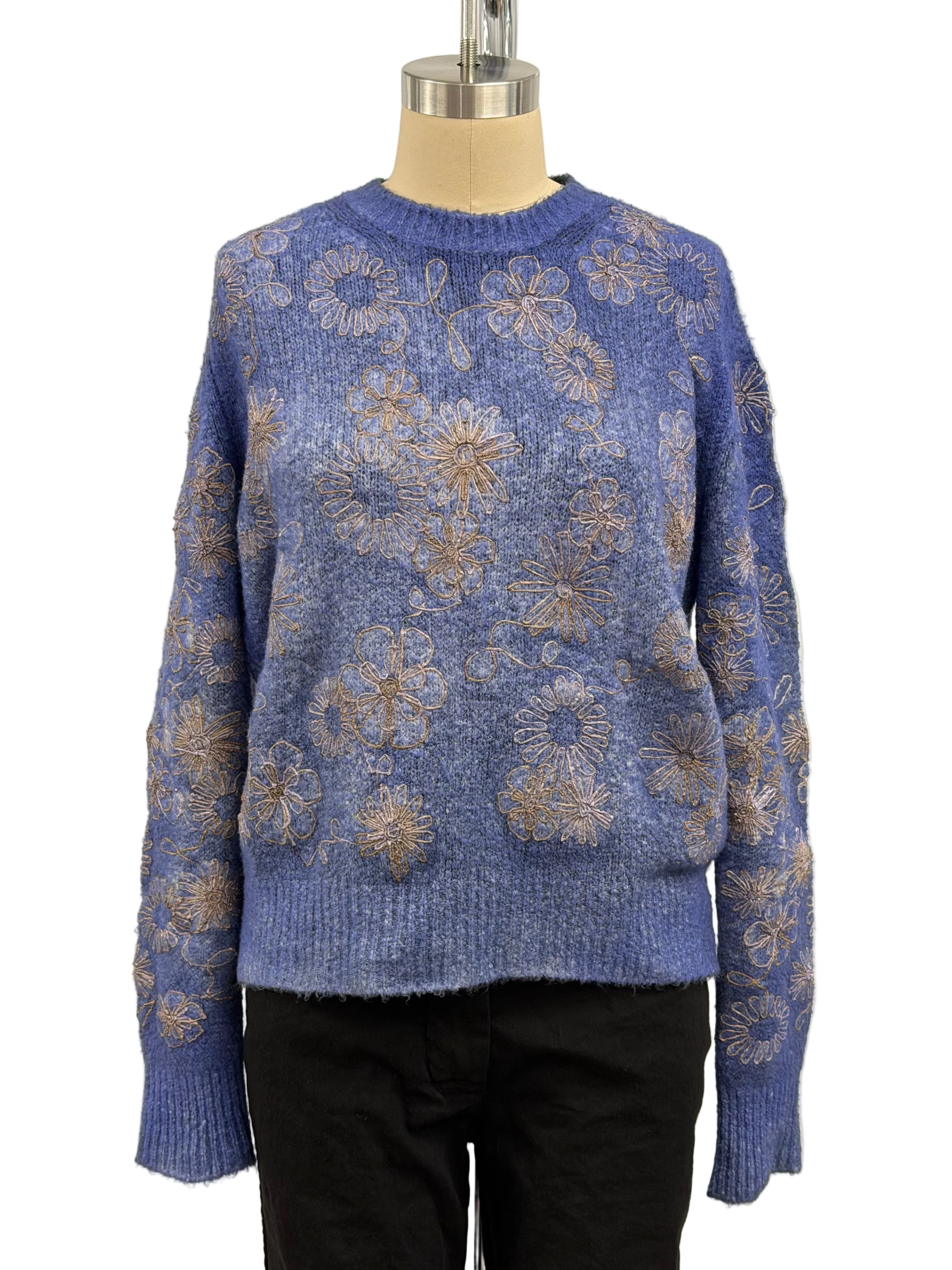 Avant Toi Hand Painted Brush Cotton Pullover in N/Ginepro with Raffia Embroidered Flowers