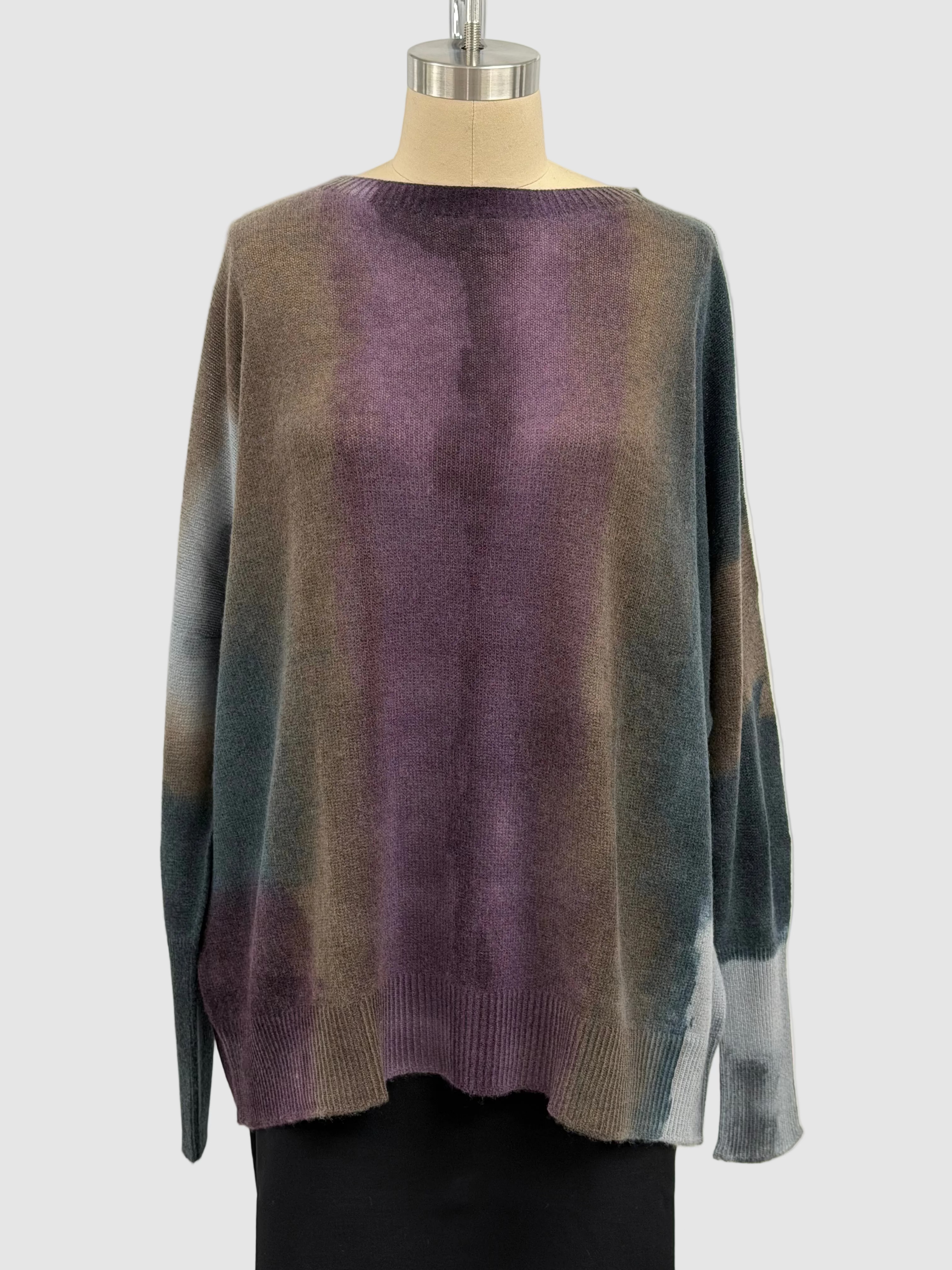 Fissore Cashmere Crewneck Oversized Sweater Margherita 28 in Purple Teal Hand-Painted