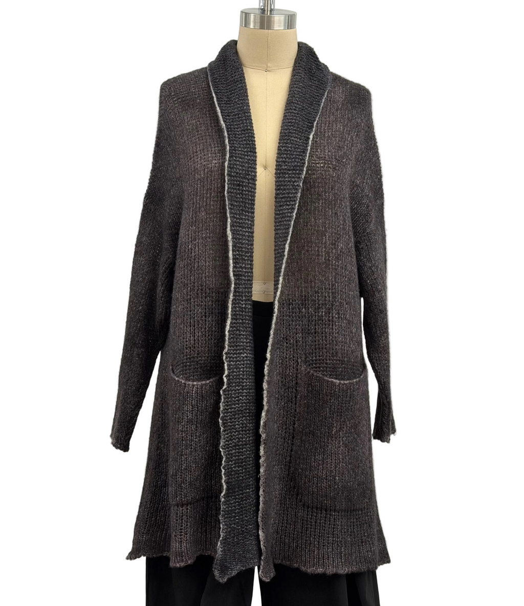 Avant Toi Hand-Painted Cashmere & Silk Square Knit Cardigan in Nero Seppia Purple
