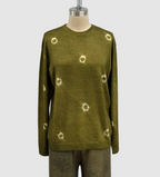 Suzusan Washable Merino Wool Crewneck Pullover Makiage Shibori Nemaki in Olive/ White