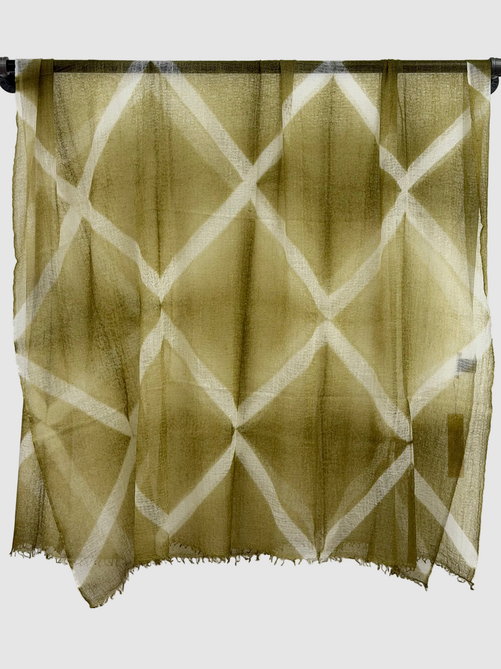 Suzusan Hand Woven Feather Weight Large Cashmere Shawl in Itajime Shibori X Olive/White