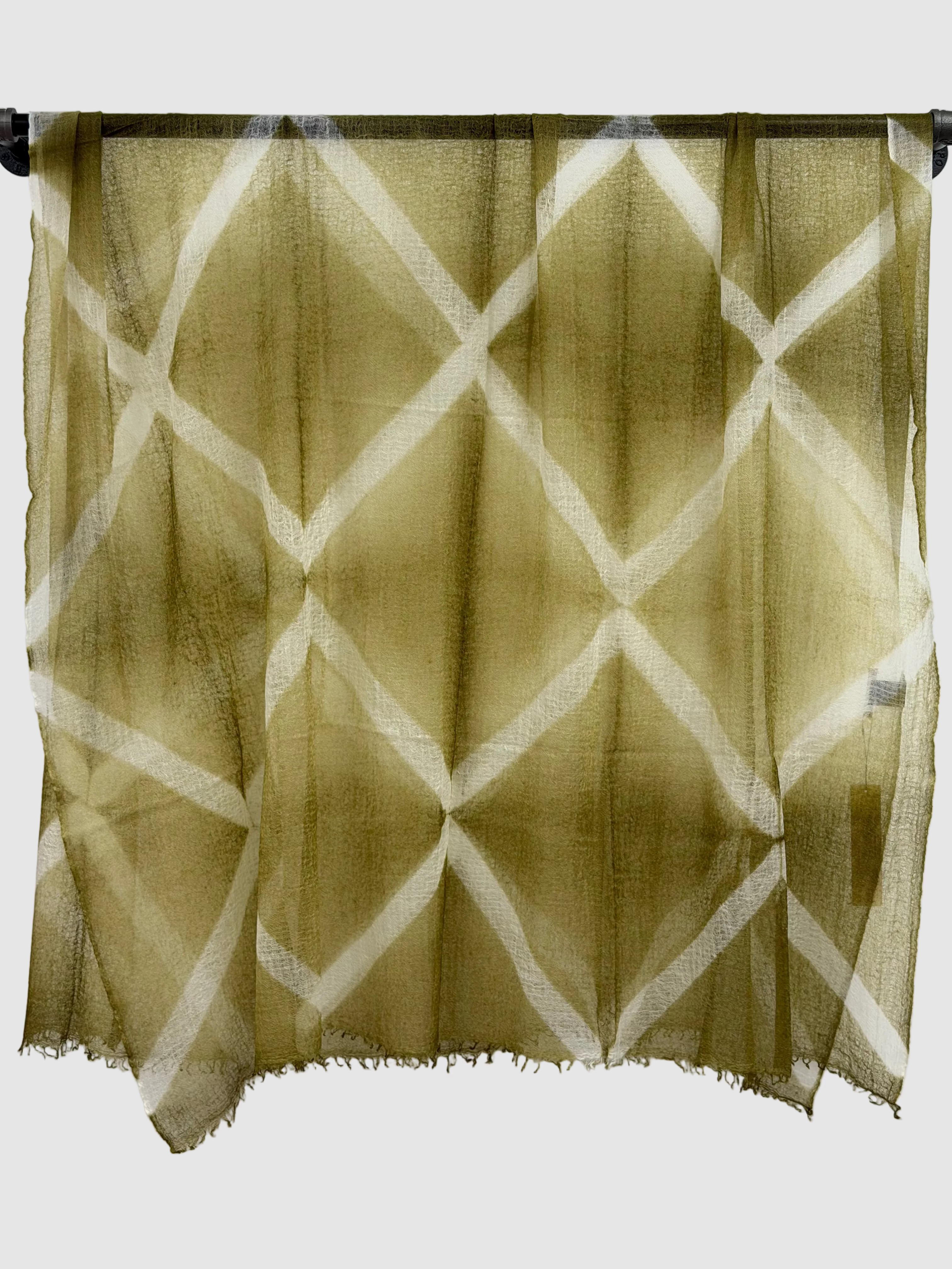Suzusan Hand Woven Feather Weight Large Cashmere Shawl in Itajime Shibori X Olive/White