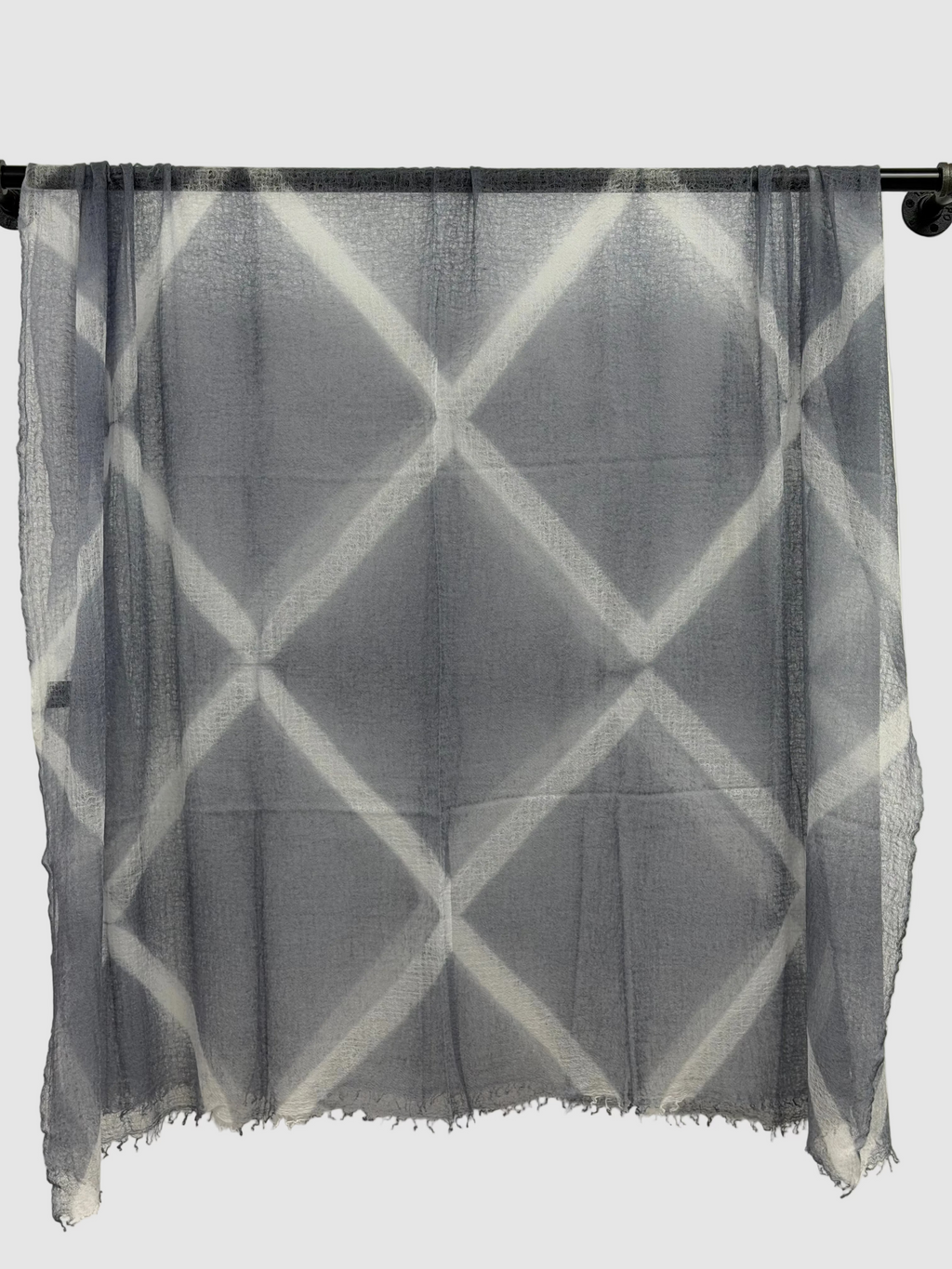Suzusan Hand Woven Feather Weight Large Cashmere Shawl in Itajime Shibori X Silver Gray/Light Gray