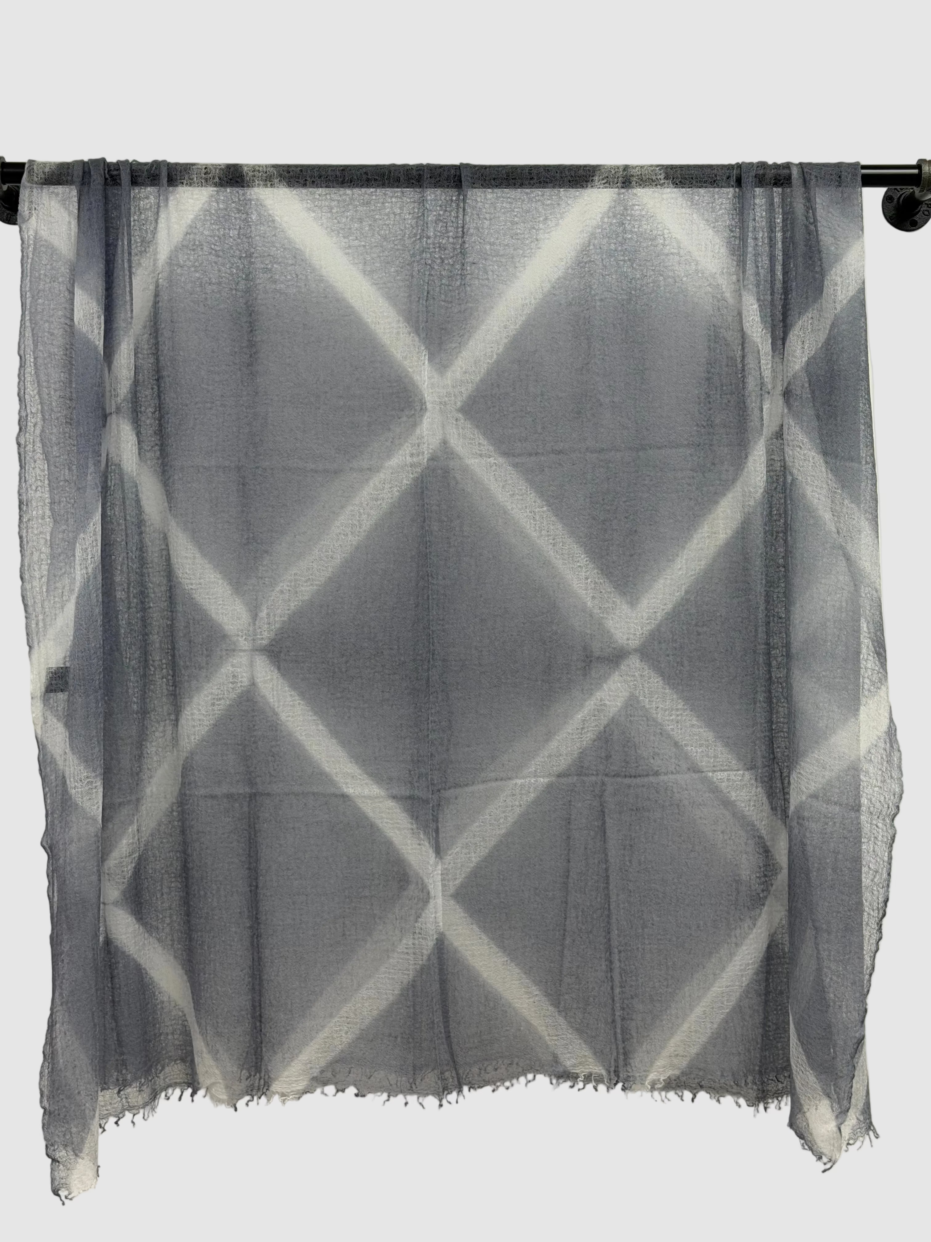 Suzusan Hand Woven Feather Weight Large Cashmere Shawl in Itajime Shibori X Silver Gray/Light Gray