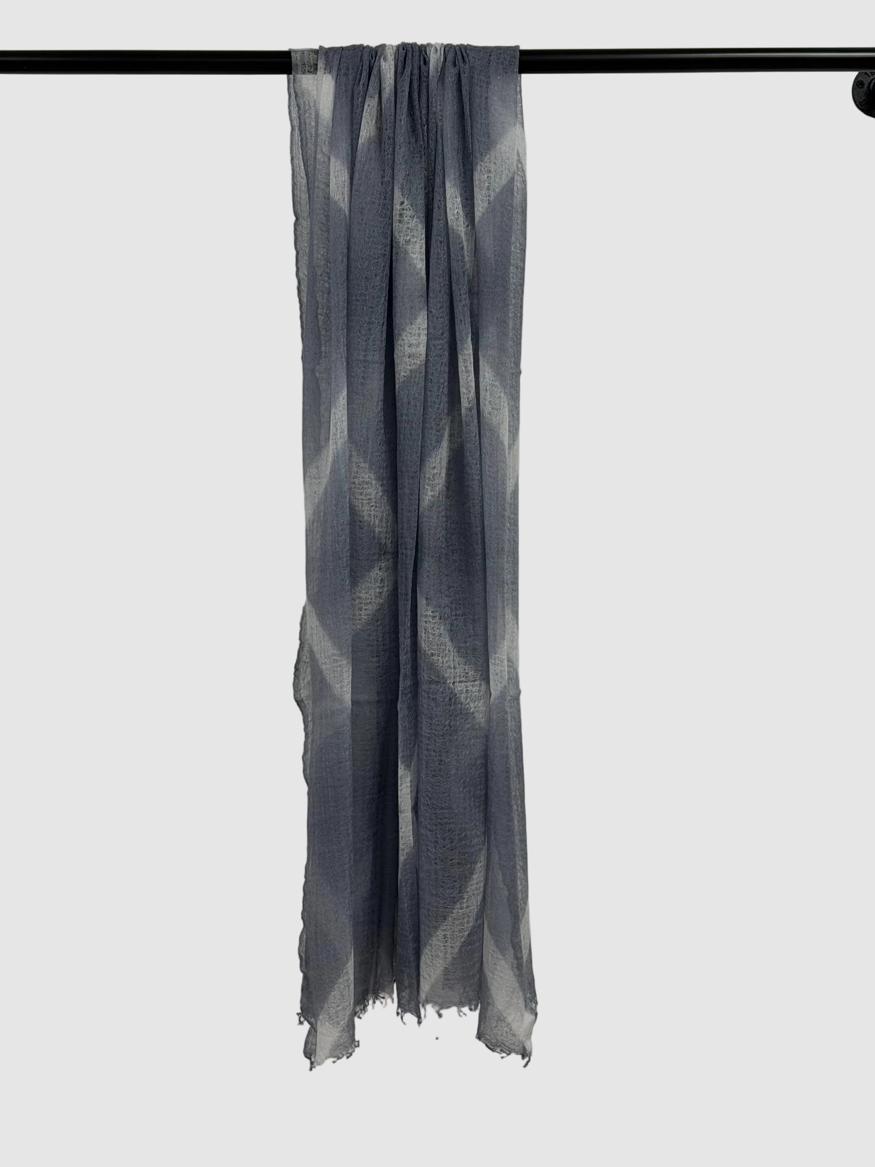 Suzusan Hand Woven Feather Weight Large Cashmere Shawl in Itajime Shibori X Silver Gray/Light Gray