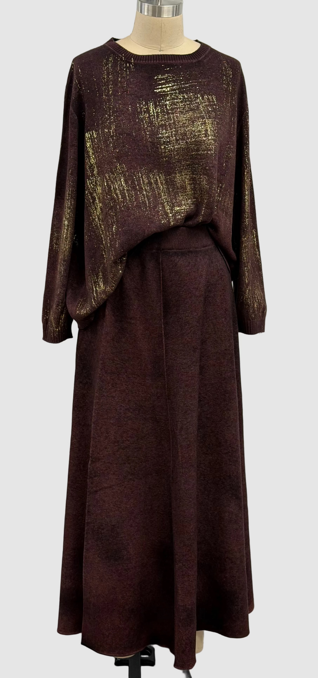 Avant Toi Hand-Painted Ultralight Cashmere Wool Needle Stitch Flared Skirt in N/ Bordeaux