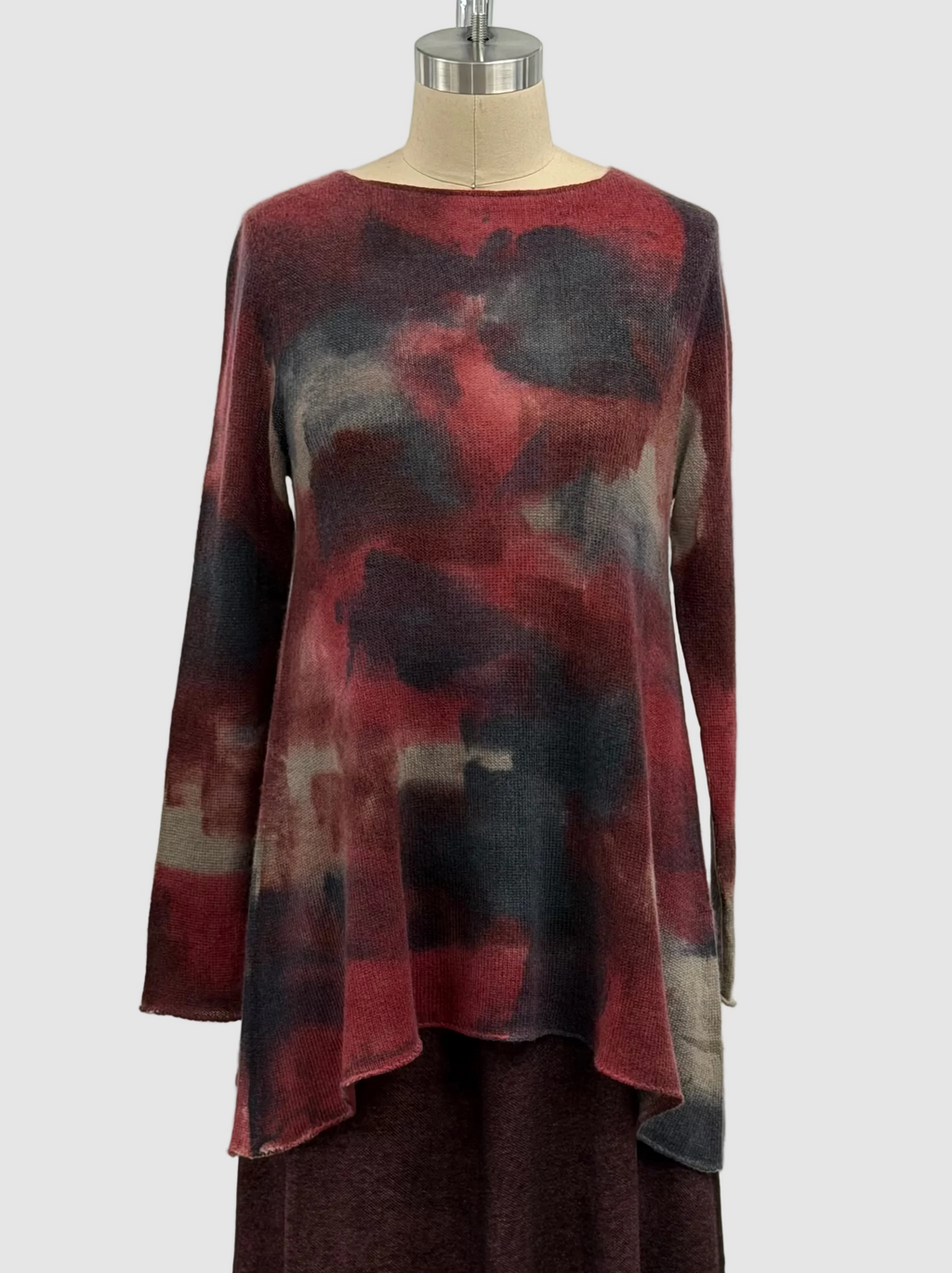 Avant Toi Hand-Painted Ultralight Cashmere Wool Needle Stitch Flared Skirt in N/ Bordeaux