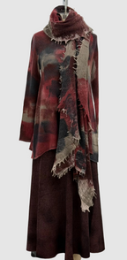 Avant Toi Hand-Painted Ultralight Cashmere Wool Needle Stitch Flared Skirt in N/ Bordeaux