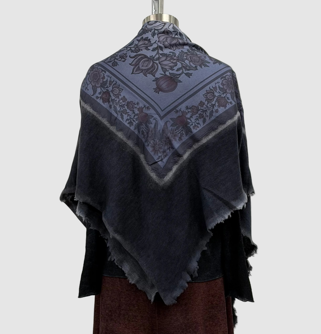Avant Toi Hand-Painted Pomegranate Print Foulard Scarf With Destroyed Edges in N/Blu Navy