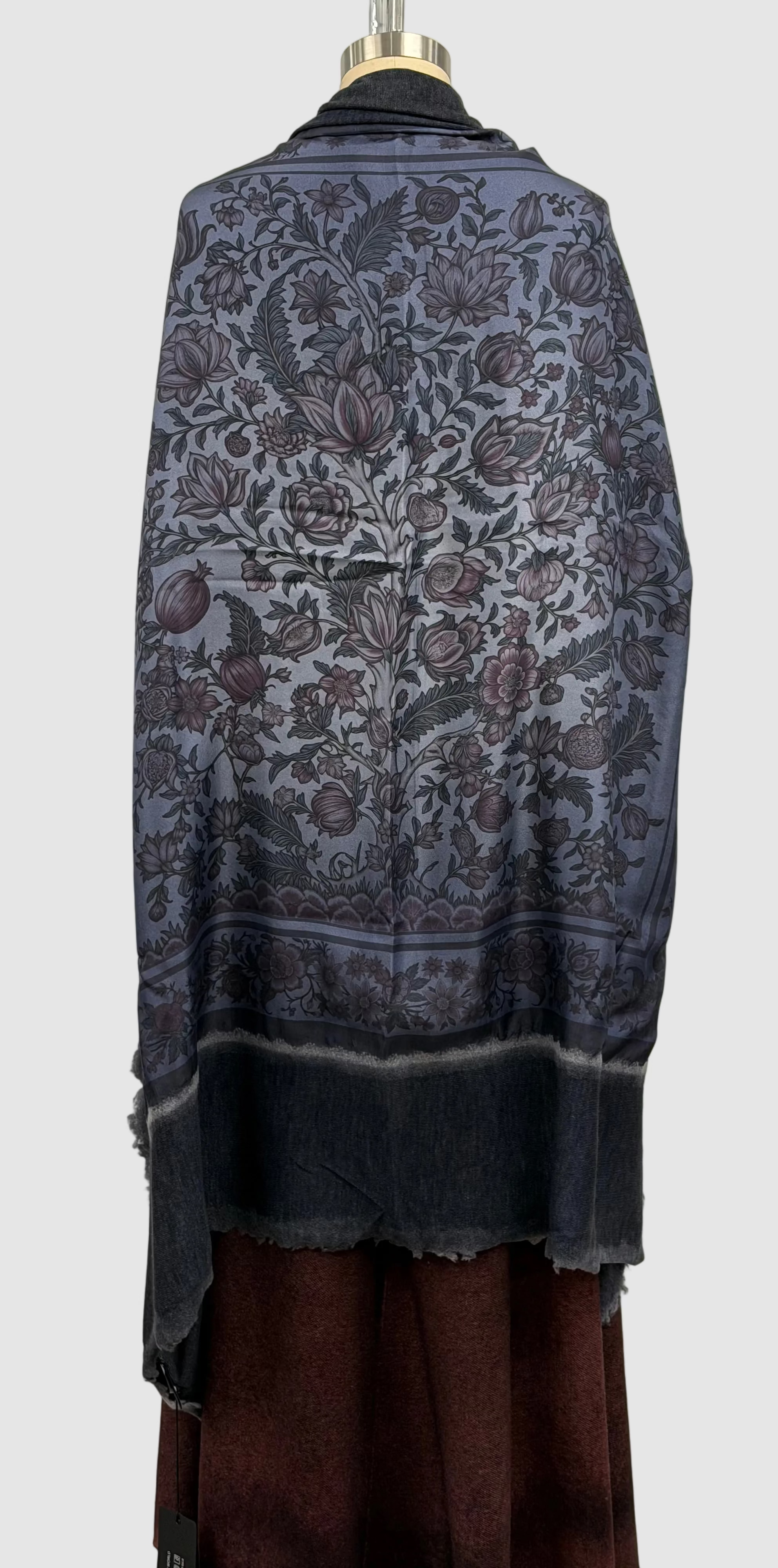 Avant Toi Hand-Painted Pomegranate Print Foulard Scarf With Destroyed Edges in N/Blu Navy