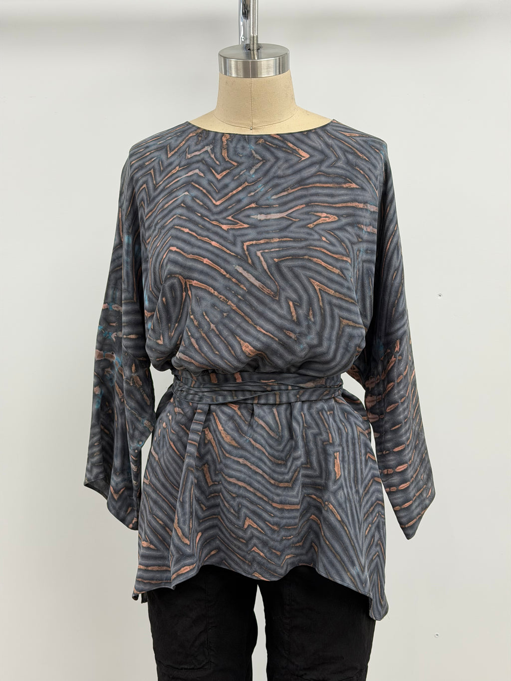 Carter Smith Shibori Mary Top with Scarf in Blue, Gray, and Salmon